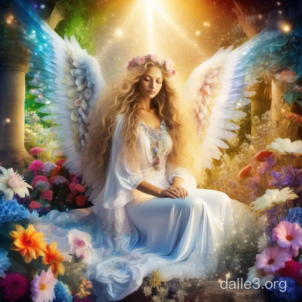In the style of Josephine Wall, a beautiful angel in a white dress with wavy long hair sits in a divine paradise garden with many bright flowers, the sparkle of diamond dust. Realistic photo, mystical fantasy magic.