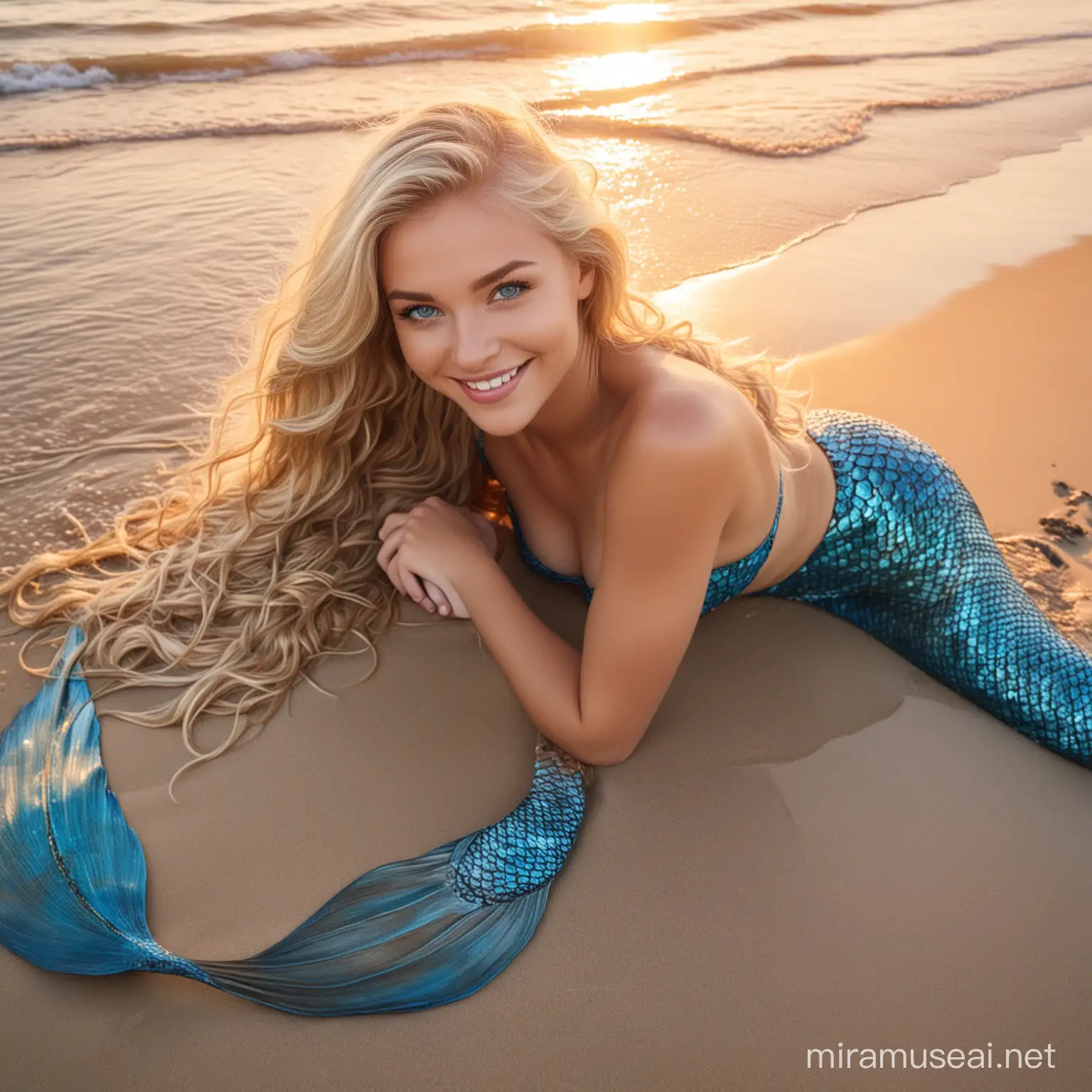 Une magnifique sirène blonde, aux yeux bleux, longue chevelure, souriante, expression de tendresse, queue de poisson en écailles bleues, étendue sur une plage tropicale au soleil couchant