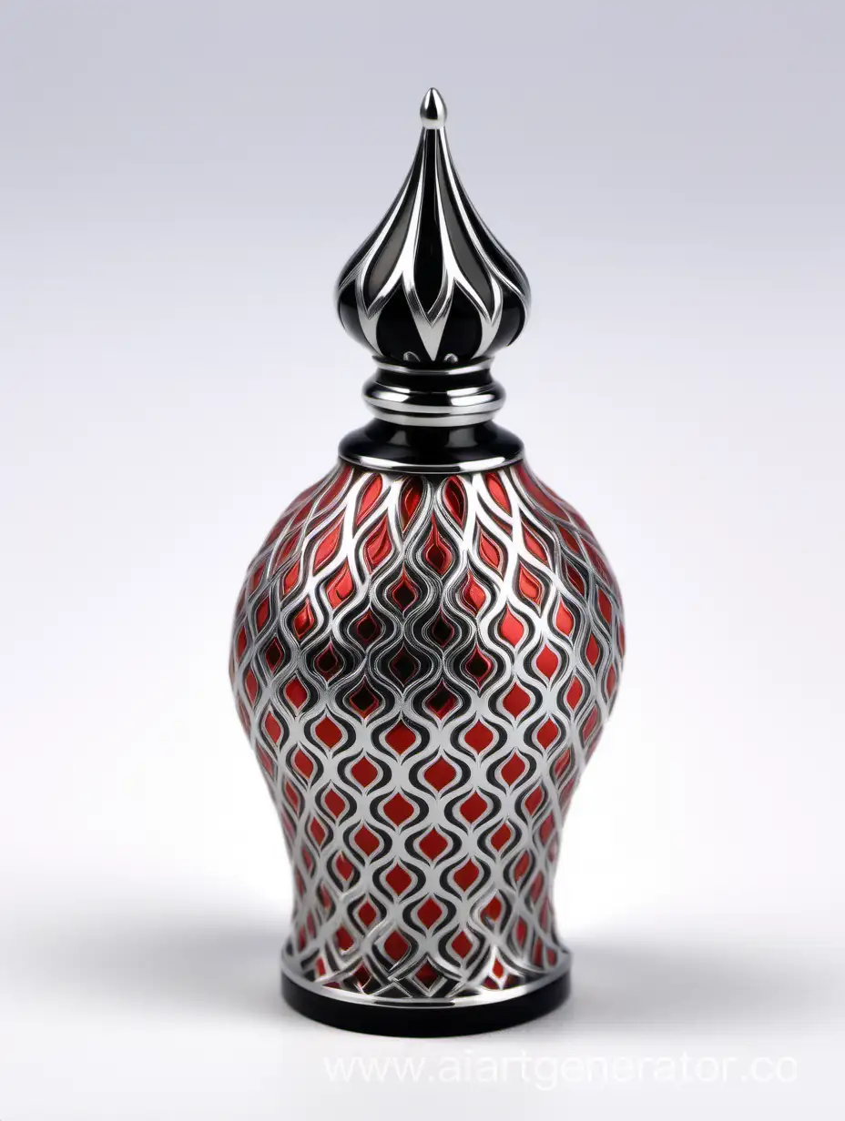 Elegant-Zamac-Perfume-Ornamental-Cap-in-Pearl-White-and-Black-with-Matt-Red-and-White-Arabesque-Pattern