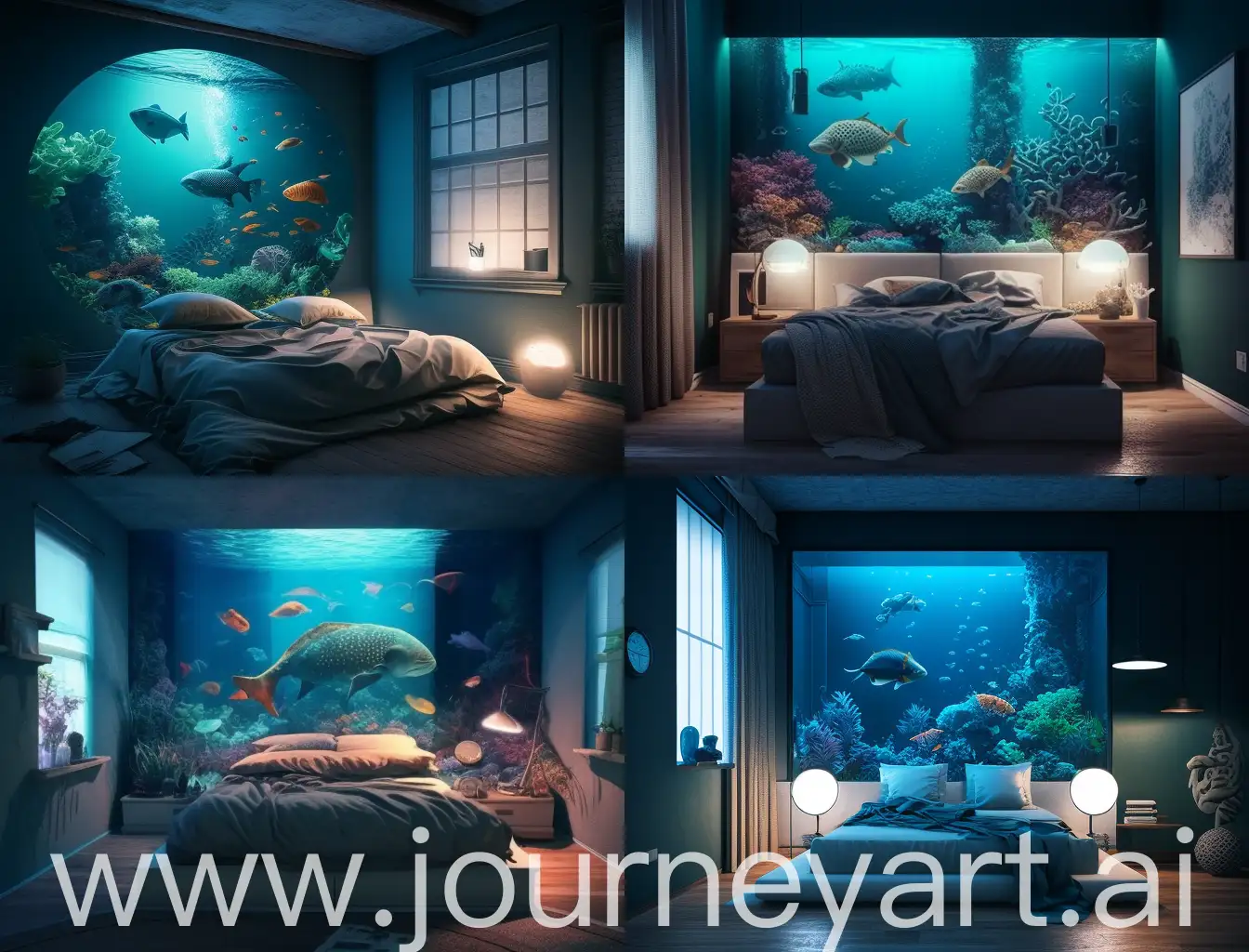 night time modern bedroom with a large aquarium, with variety of fishes including turtles, covering one side of an entire wall