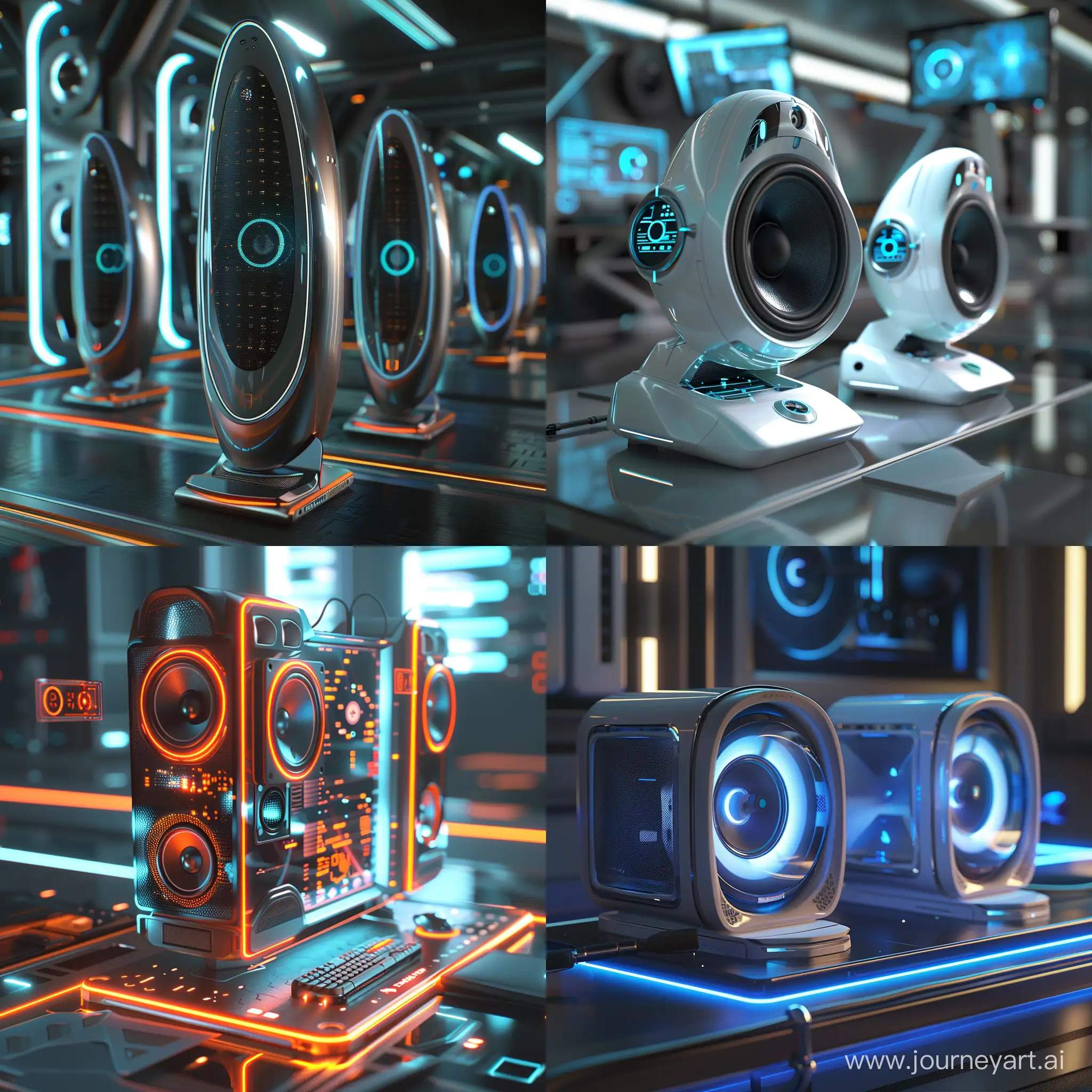 Futuristic PC speakers, world of high tech, world of holographic interfaces, octane render