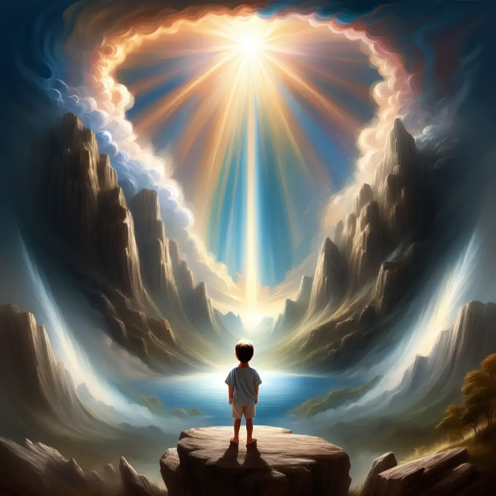 Create me an illustration of a child standing next to a majestic scene of God, the Creator, shaping the world with a divine brushstroke.