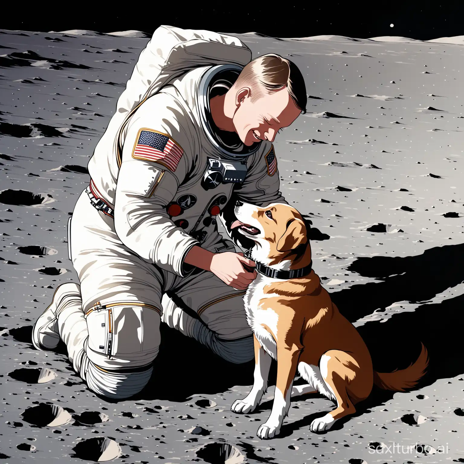 Neil Armstrong petting a dog at moon