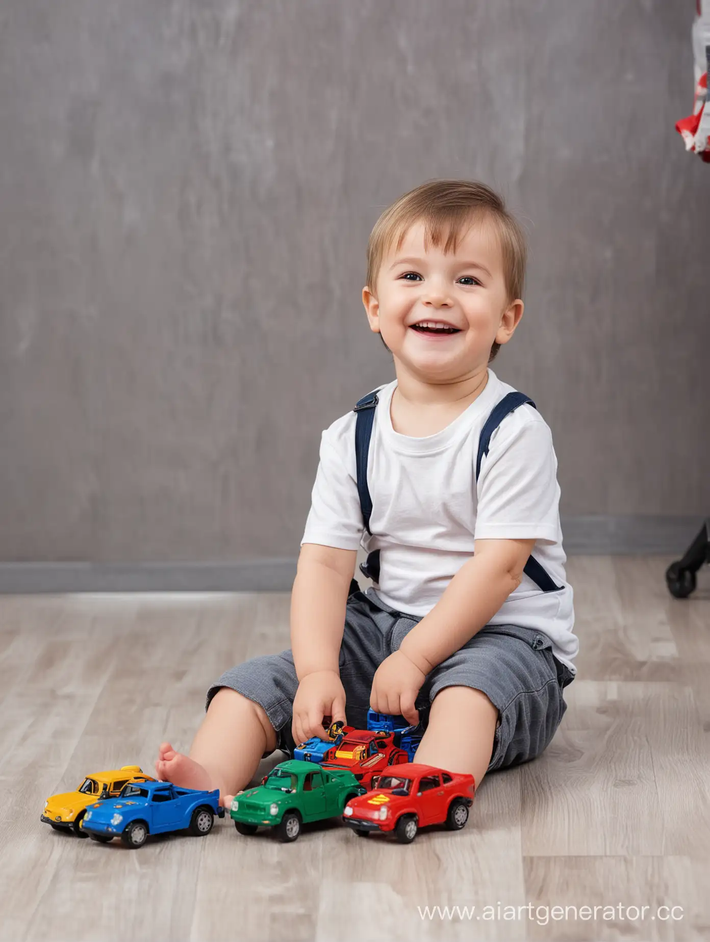 little happy boy sitting on the floor sideways and playing with cars