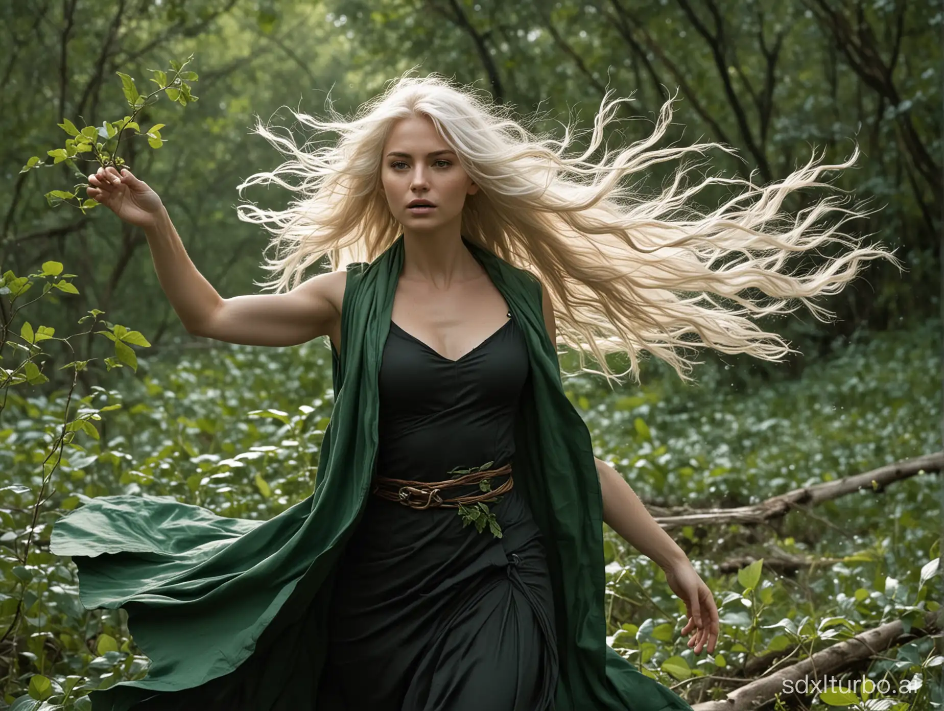 Amidst the chaos of a battlefield, a striking figure emerges, her blonde-white hair billowing in the wind like tendrils of light. She is a destructive force, channeling the power of emerald energy with a grace that belies her ferocity.

Clad in a sleeveless black t-shirt that hugs her lithe frame, she wears a green band across her forehead, a symbol of her connection to the forces of nature. A short green jacket adorns her shoulders, fluttering in the wake of her movements like leaves in a tempest.

With a wave of her hand, she conjures swirling vortexes of green energy, unleashing them upon her foes with devastating force. The air crackles with power as she manipulates the very essence of life itself, bending it to her will with effortless precision.

Despite the destruction that surrounds her, there is a beauty to her movements, a fluidity that speaks of untamed power and raw determination. In this cinematic tableau, she stands as a force of nature, a warrior goddess whose wrath knows no bounds