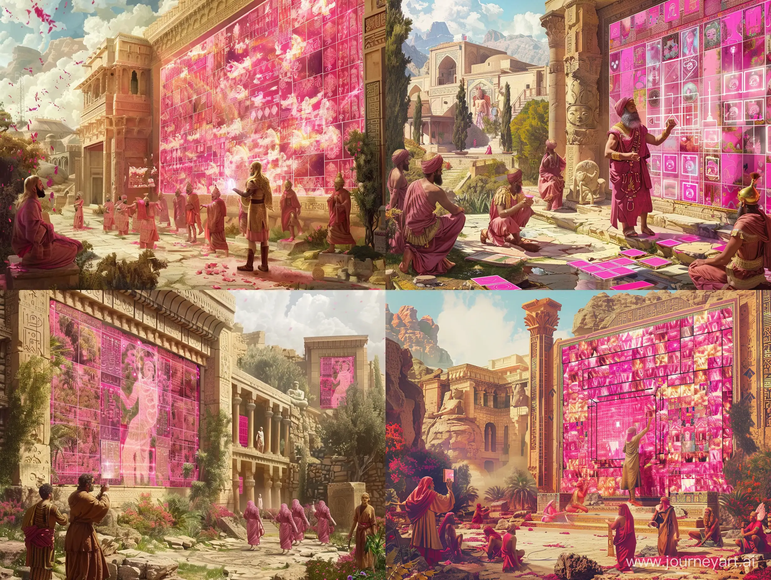 Imagine a scene from the ancient world, where a craftsman and magician, a Prometheus-like figure, is creating a god using machine learning techniques. This solitary figure is not typically Persian in appearance, setting him apart in the scene. He is surrounded by gods he previously created, and together they are constructing a magnificent wall filled with beautiful images that carry a dominant pink theme. The setting is rich with Persian cultural elements - intricate patterns, traditional architectural details, and lush, vibrant landscapes. The contrast between the ancient setting and the modern aspect of the magician, who stands out as the only man in the image, should be stark and compelling. Focus on the interaction between the craftsman and his divine creations, highlighting the fusion of mythology and technology.