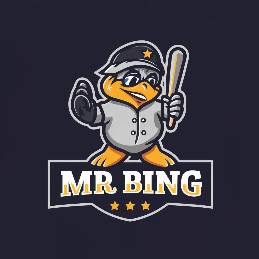 LOGO-Design-For-Mr-Bing-Playful-Baseball-Cartoon-Penguin-Emblem-on-Clean-Background