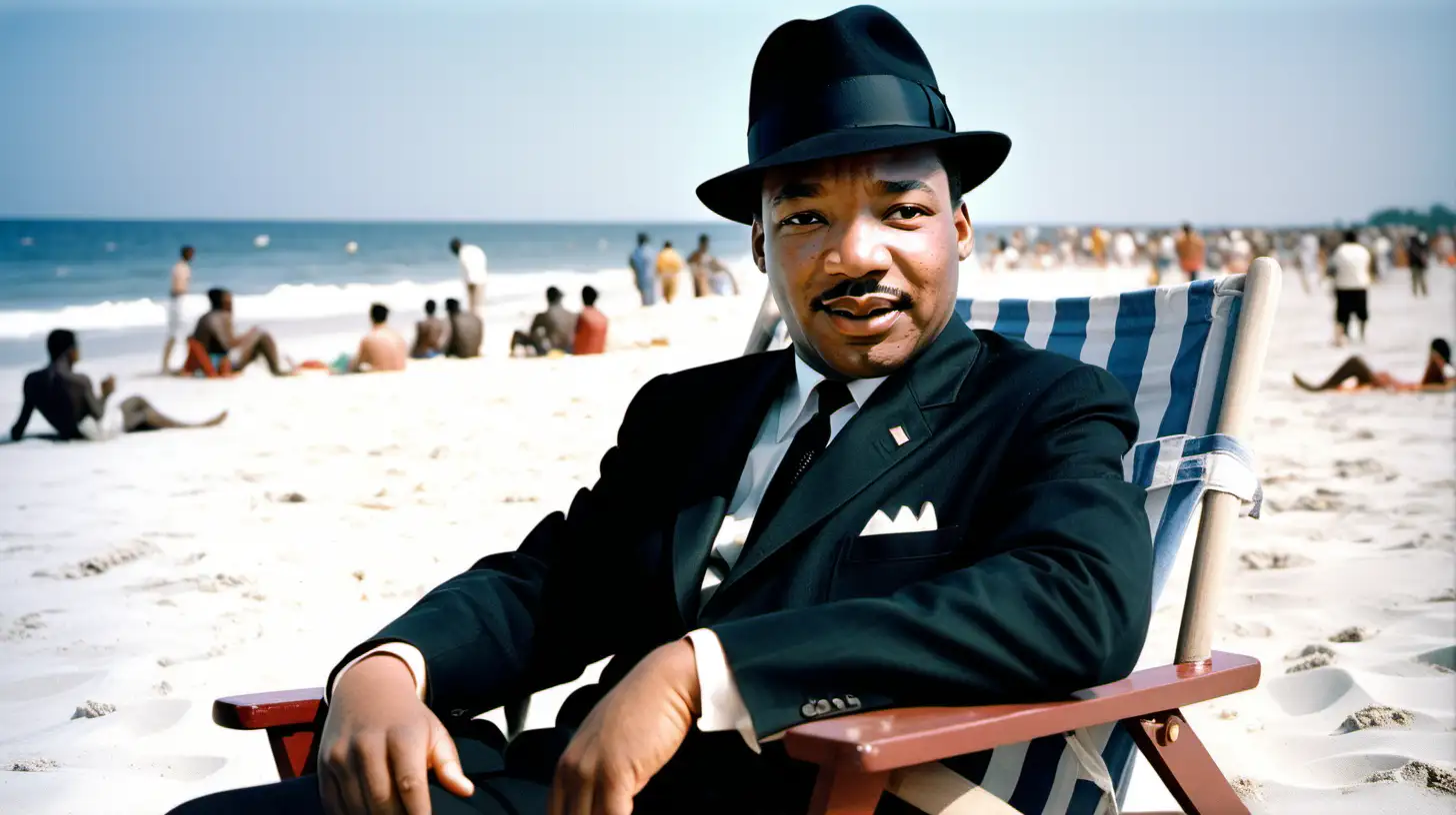 A tribute photo of Martin Luther King Jr. sitting on a beach chair on the beach wearing a fedora, smiling. Behind him on the beach black people and white people can be seen, happy together  
The picture is in color