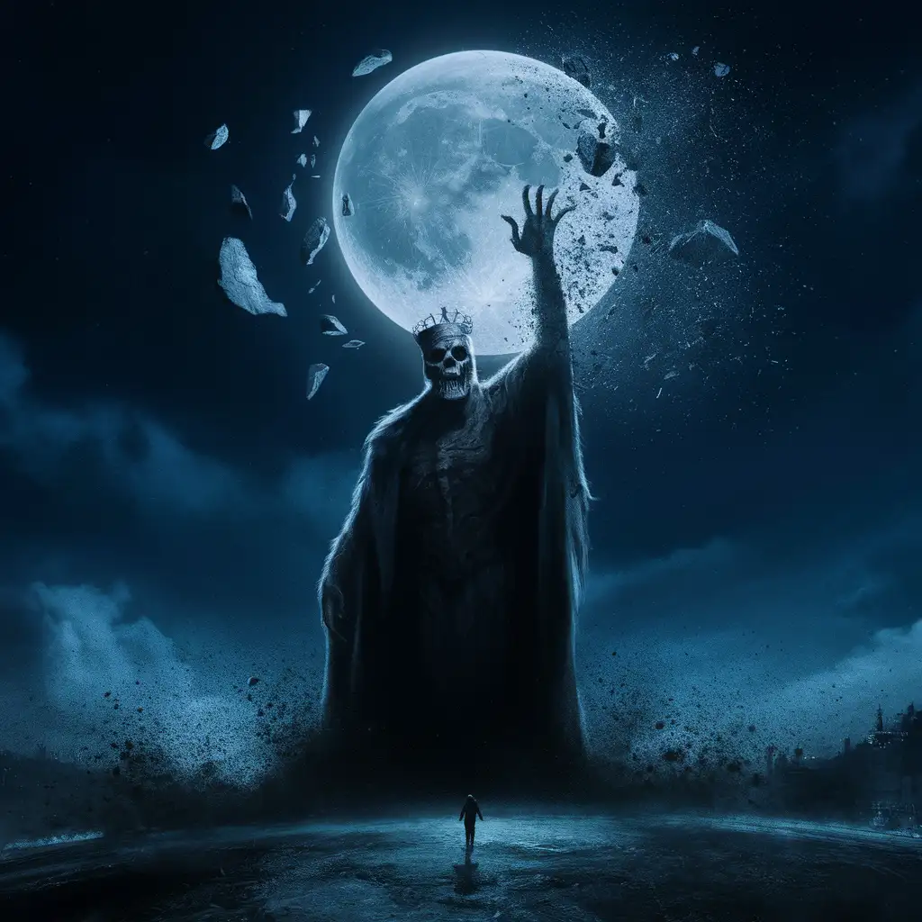 👑 The powerful and dark King of the Dead raised his hand towards the moon on Earth, turning the moon into dust. 🌑🖤
(🌃 Night scene)
(💪 Powerful scene)
(😱 Terrifying scene)
(🌌 Floating moon pieces)
(Camera angle from Earth's surface towards the sky)