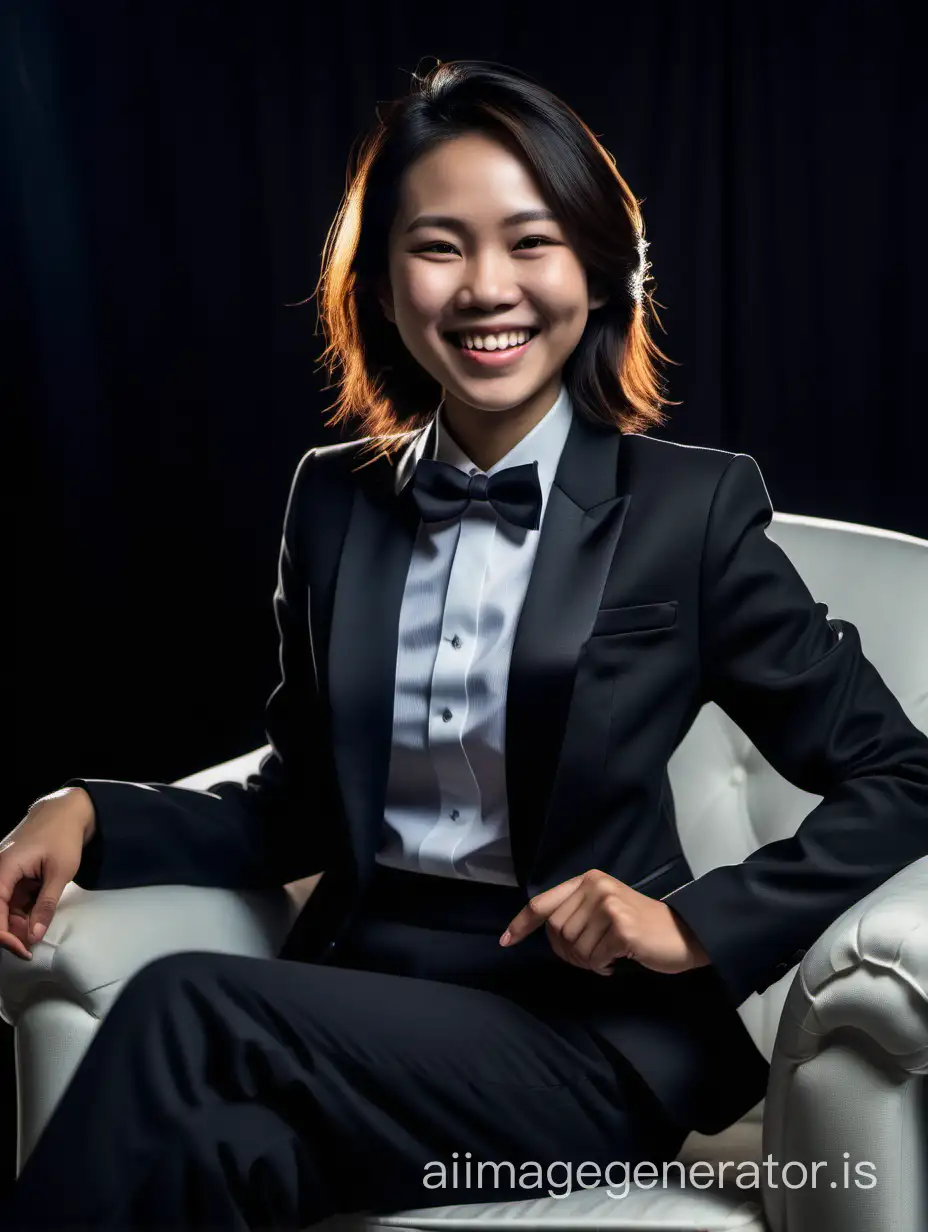 A smiling and laughing Vietnamese woman with shoulder length hair is wearing a tuxedo.  She is sitting in a plush chair in a darkened room.  Her jacket is black.  Her jacket is open.  Her pants are black.  Her bowtie is black.  Her shirt is white with black cufflinks.