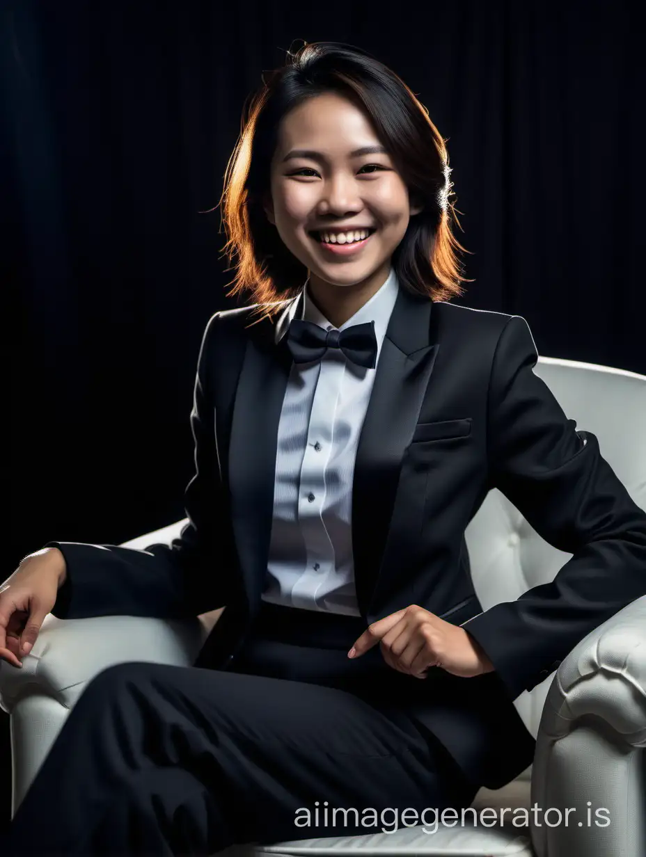 Smiling Vietnamese Woman in Black Tuxedo Sitting in Plush Chair | AI ...