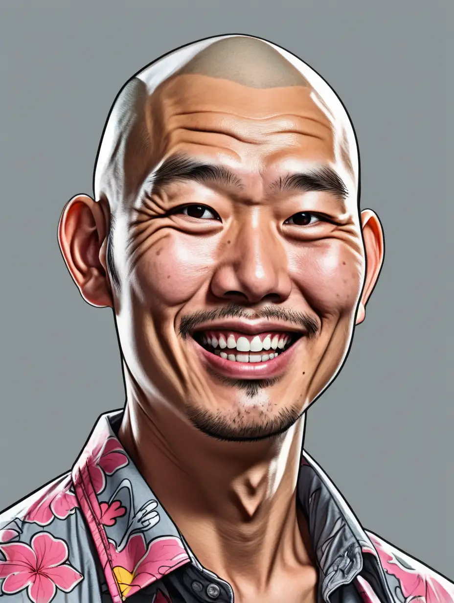 Comic art style close up portrait of a tall, broad shouldered asian man with a spray of grey stubble across the top of his shaved head. He is wearing a cheerfully garish tourist shirt.