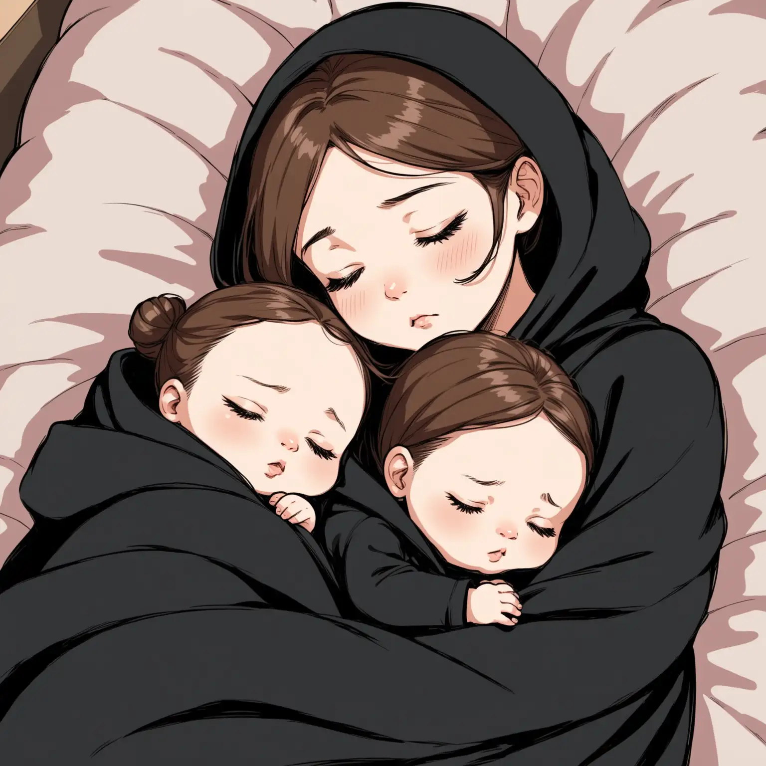 Sleeping Woman in Black Leggings with Twin Baby Girls