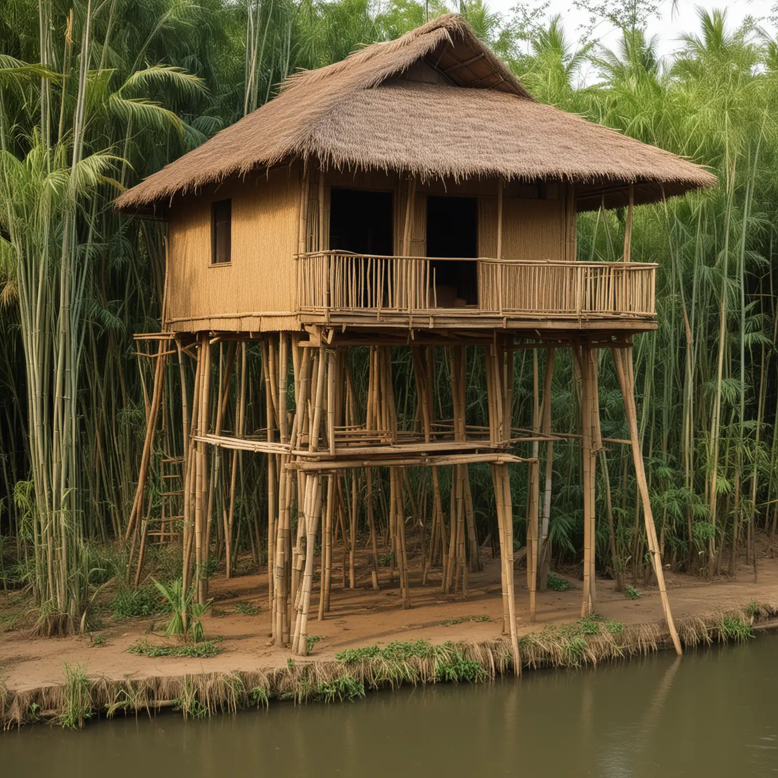 Vietnamese Bamboo Stilt House on Lush Green Landscape | MUSE AI