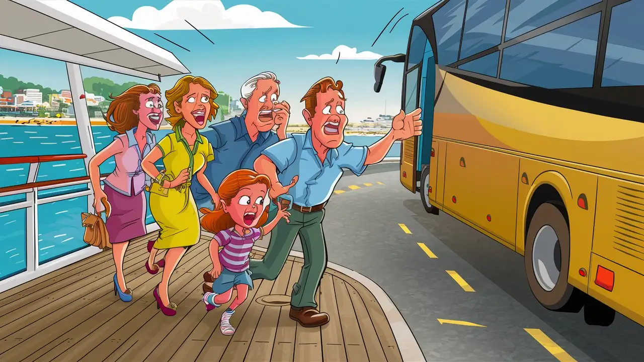 Excited Group Chasing Bus from Cruise Ship Dock