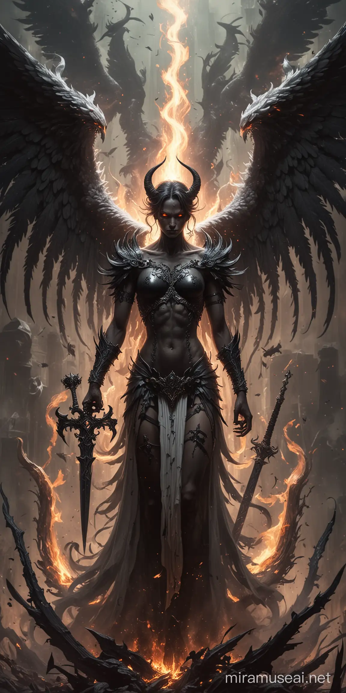 Epic Battle Between Dark Demon and White Angel with Magical Dagger