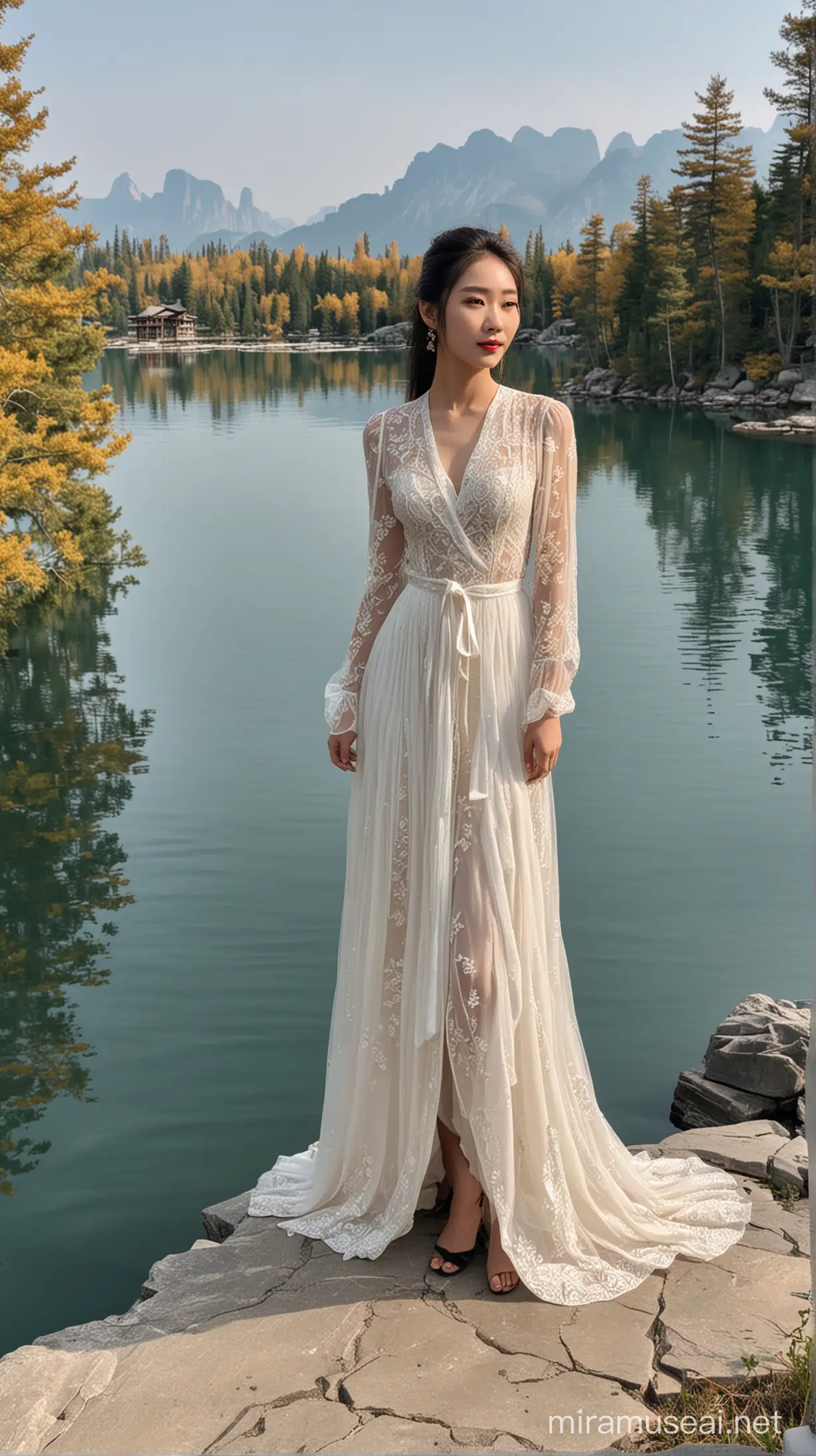一位穿着时尚身材高挑漂亮的中国美女在千岛湖景点