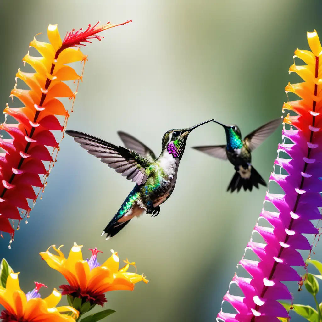 A vibrant scene of a hummingbird feeding frenzy, with multiple iridescent birds hovering around a cluster of colorful flowers, shot with Sony Alpha a9 II and Sony FE 200-600mm f/5.6-6.3 G OSS lens, natural light, hyper realistic photograph, ultra detailed