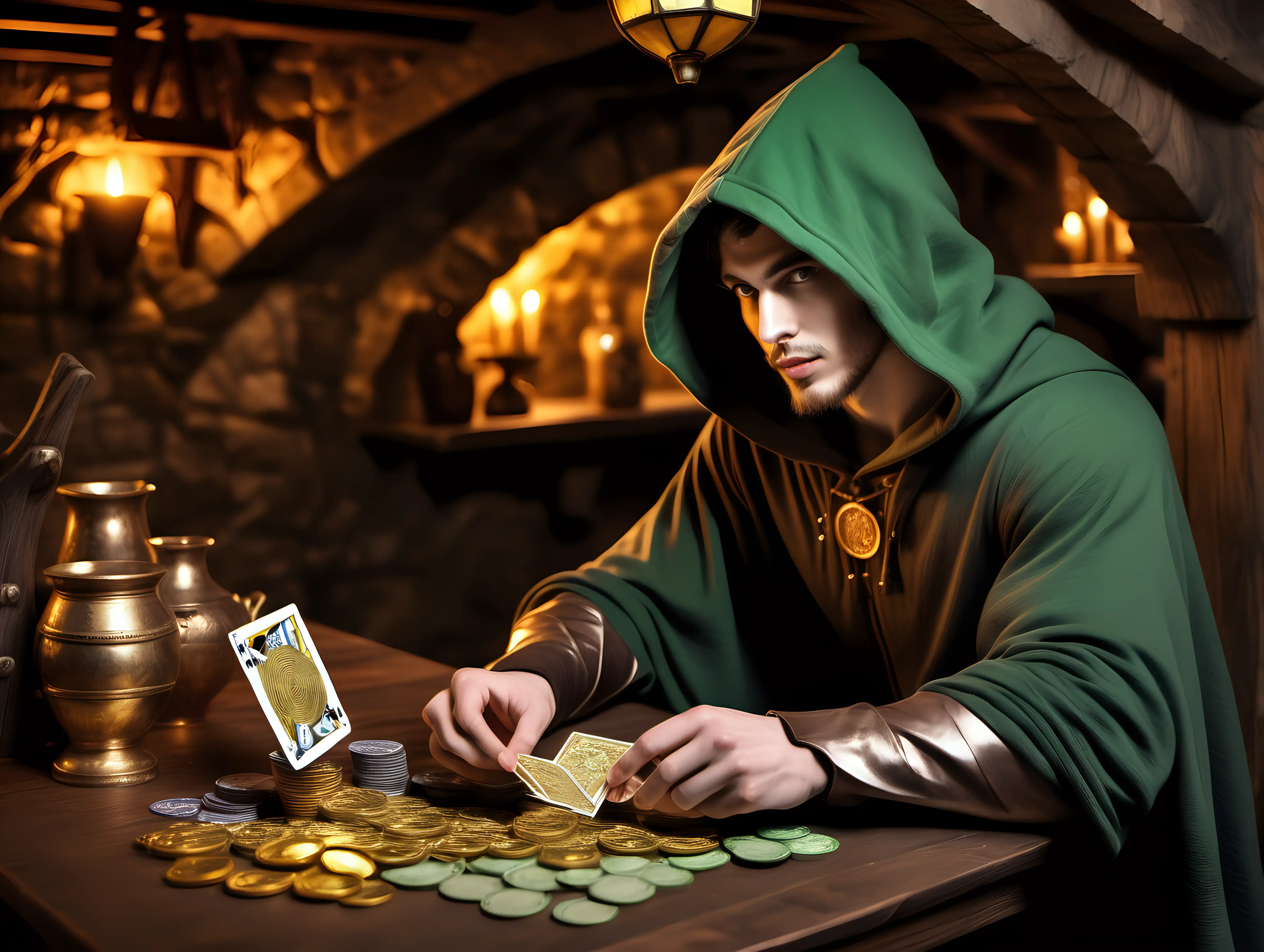 Mysterious HalfElf Gambler in Medieval Tavern with Gold Bitcoins