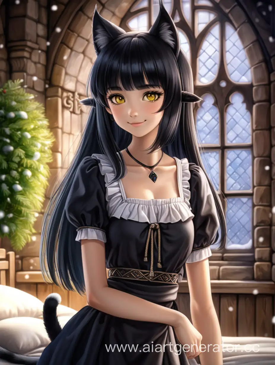 human-cat hybrid, (animal girl), ((animal girl)), (cat ears), (cat tail), (lush hairstyle), smiling, very beautiful, (very beautiful face), yellow eyes, black hair, snow-white bangs, ((black hair hides ears)), black eyebrows, slender, ((slender)), European appearance, ((18 years old)), clothes of a medieval maid, full-length, against the background of a medieval bedroom, summer vegetation outside the window, fantasy world, ((fantasy world)), clear focus, depth of field, 8K shooting, HDR, professional lighting, the picture was taken by Canon EOS K5, 75 mm lens, natural beauty, masterpiece, fine details, impressive work of art, picturesque style, high quality, 8k, high detail, high resolution, exquisite composition and lighting, natural beauty