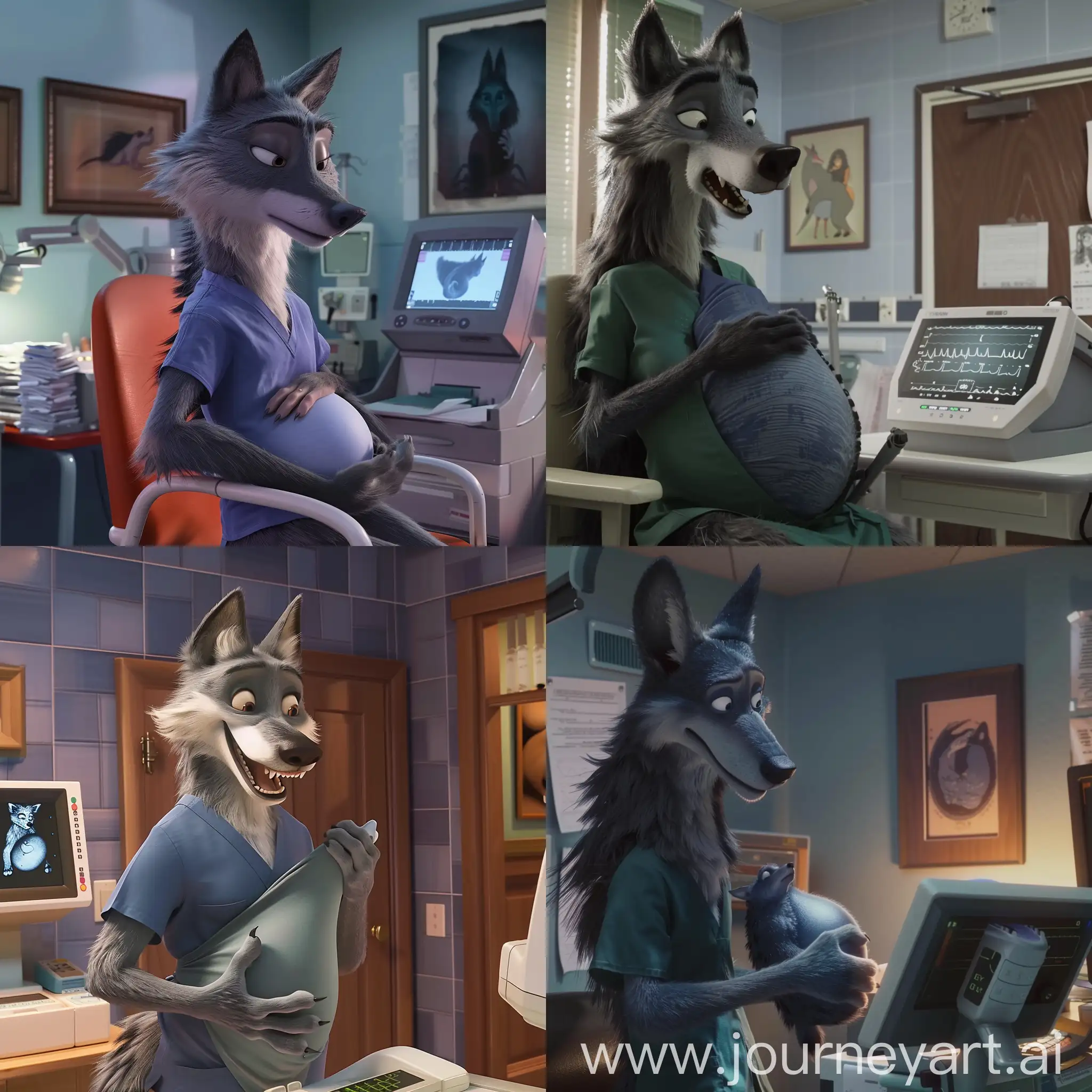 scene from a pixar film featuring a pregnant wolf woman in a doctor's office having an ultrasound