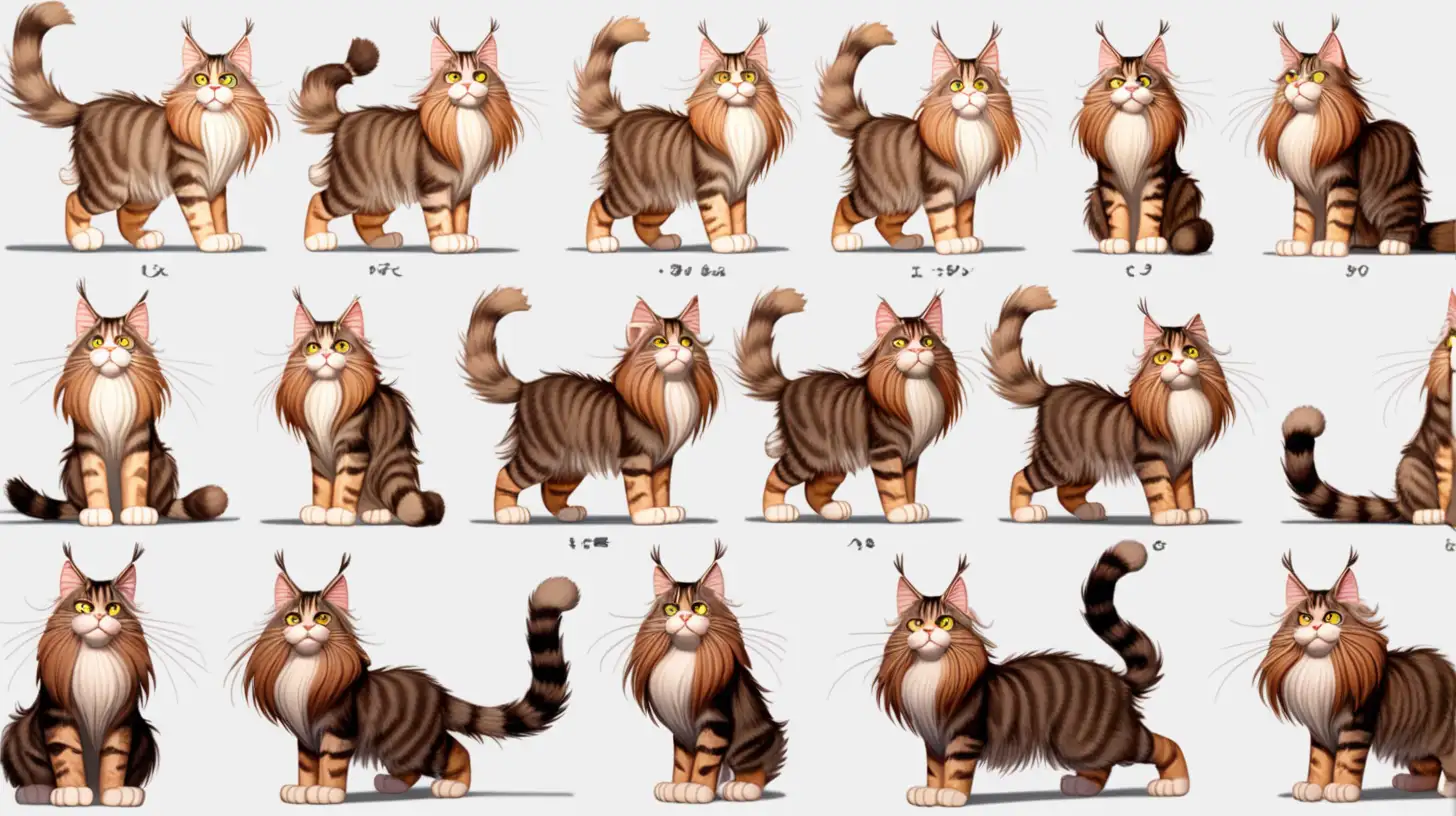 maine coon cat,  character design different poses, Pixar character, full body,  --ar 16:9, --r 2