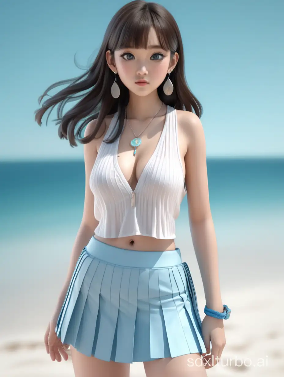 Create a 3D-style full body shot image of a Chinese young woman with big eyes and a natural expression and white skin, dark brown wavy long hair, wearing earrings and necklace, loose white deep v-neck short crop top, showing her shoulder and belly, low waisted light blue pleated mini skirt, showing her thighs, natural movement. She wears beach sandals on her feet. Light blue monochrome background, overall bright and relaxed atmosphere.