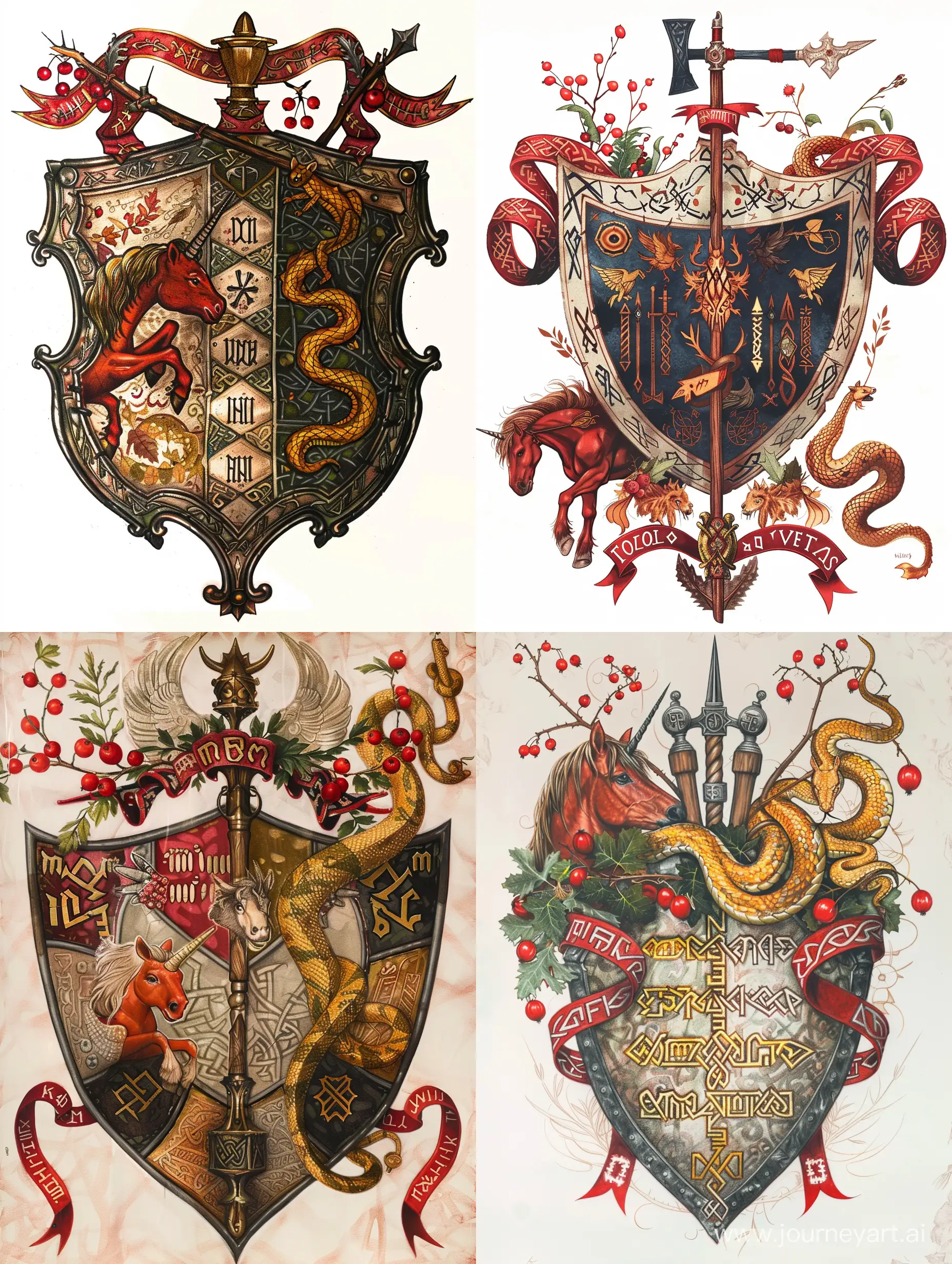 the family coat of arms on the shield, Celtic heraldry, runes on a scarlet ribbon, a golden snake on the right, a druid's staff in the middle, a red unicorn on the left, rosehip and elder branches at the top