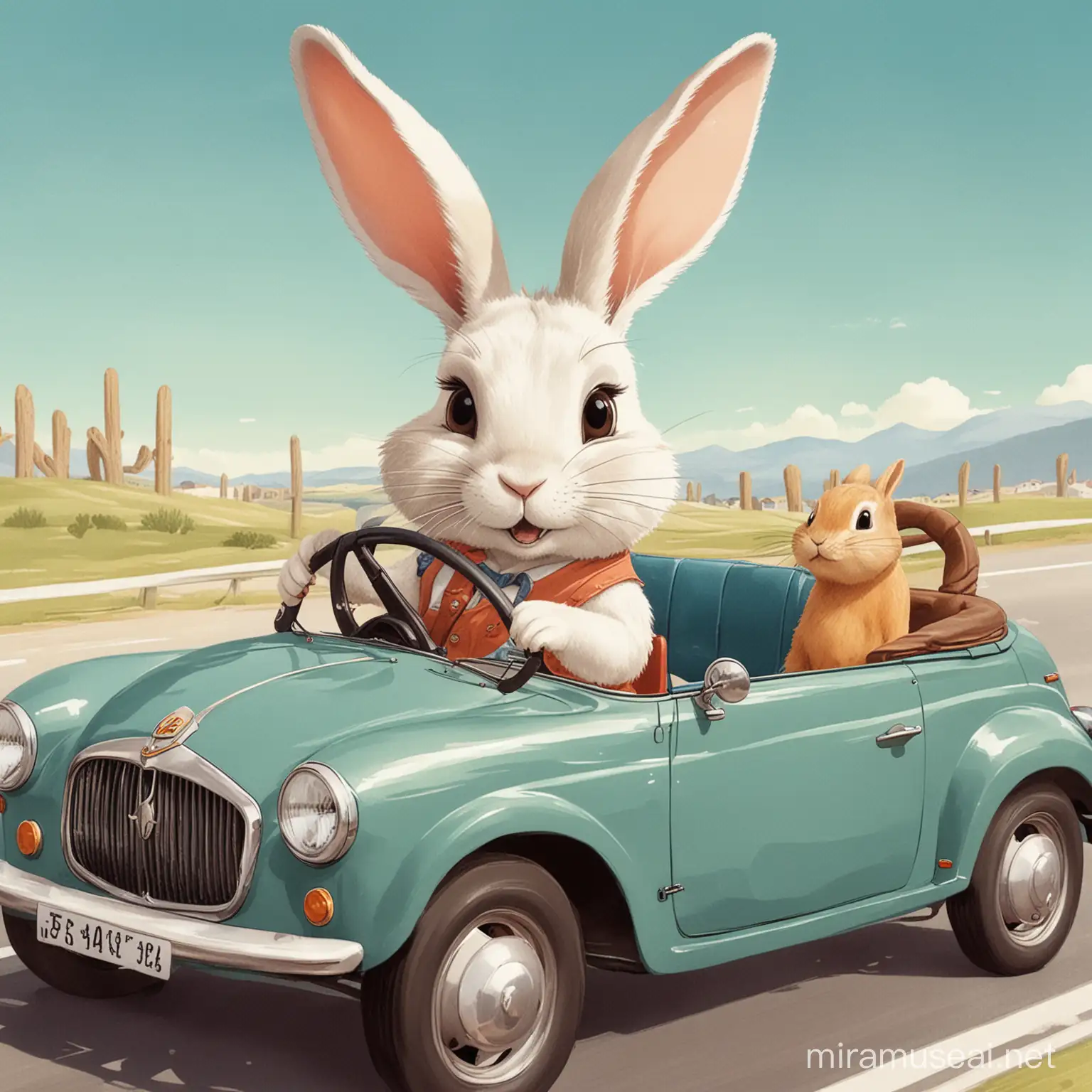 illustration of a rabbit driving a car
