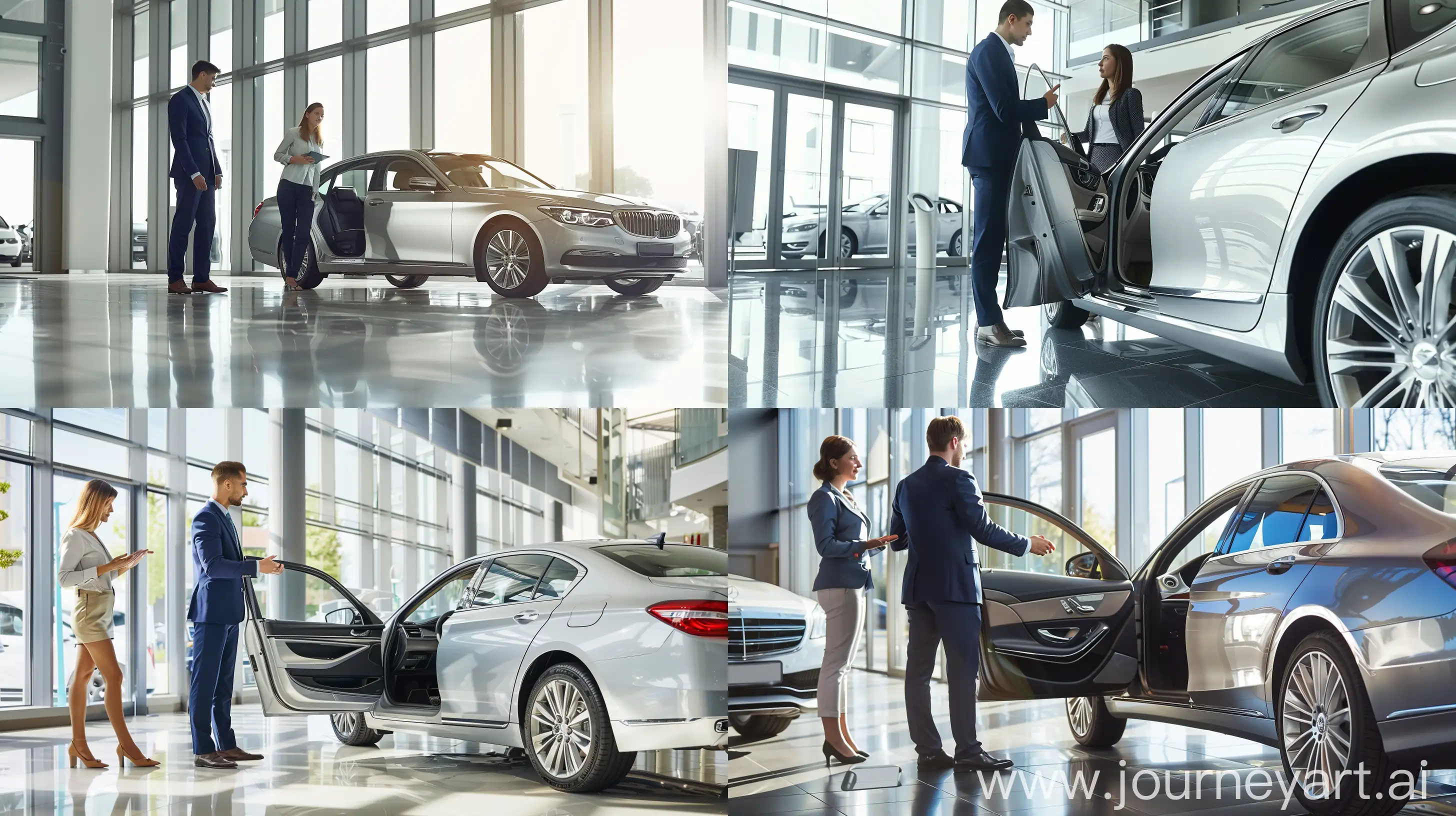 Professional photo of a modern car dealership interior. A male salesman, wearing a tailored dark blue suit, is showing a sleek silver sedan to a female customer, dressed in business casual attire. The setting is brightly lit with natural sunlight streaming through large windows, highlighting the polished chrome details of the cars and the clean, minimalist design of the showroom. The composition is from a low angle, capturing the interaction between the customer and salesman as they discuss features beside the open car door. --v 6.0 --style raw --ar 16:9