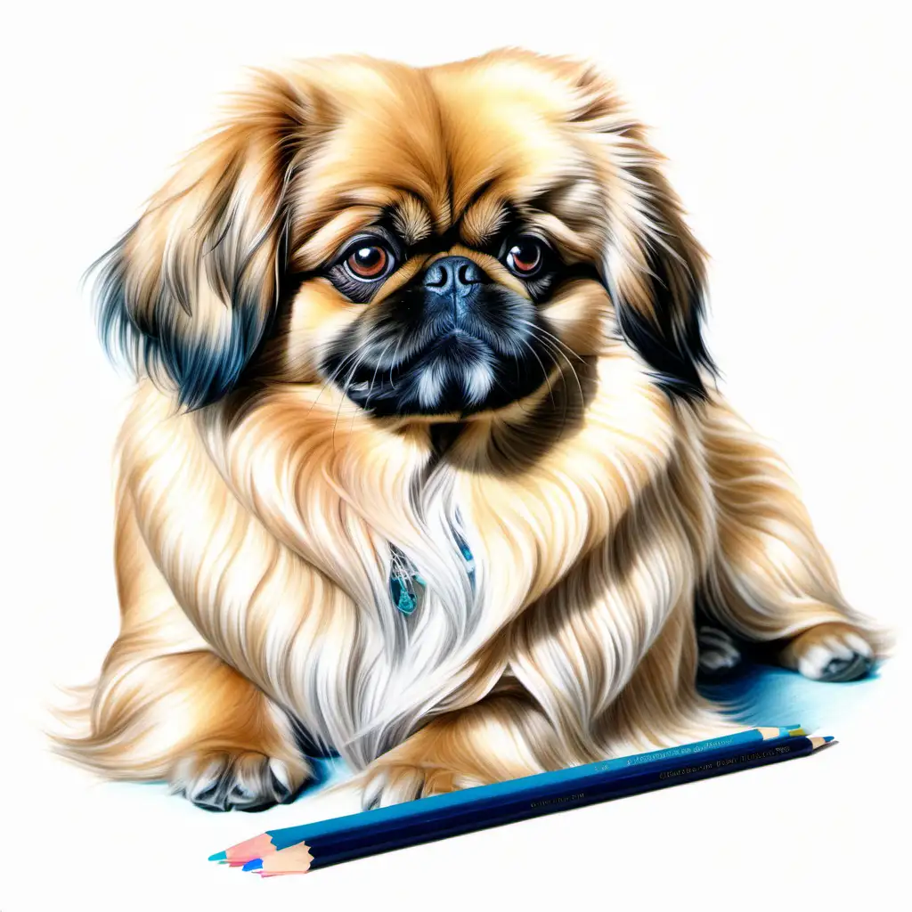 Pekingese Dog Portrait Color Pencil Drawing with Coquette Aesthetic