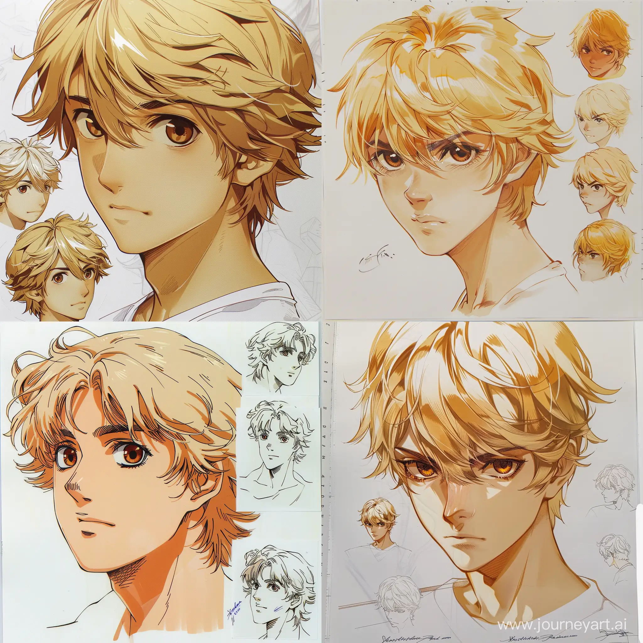 Handsome young blond male, brown eyes, head, close up character design, multiple concept designs, concept design sheet, white background, style of Yoshitaka Amano