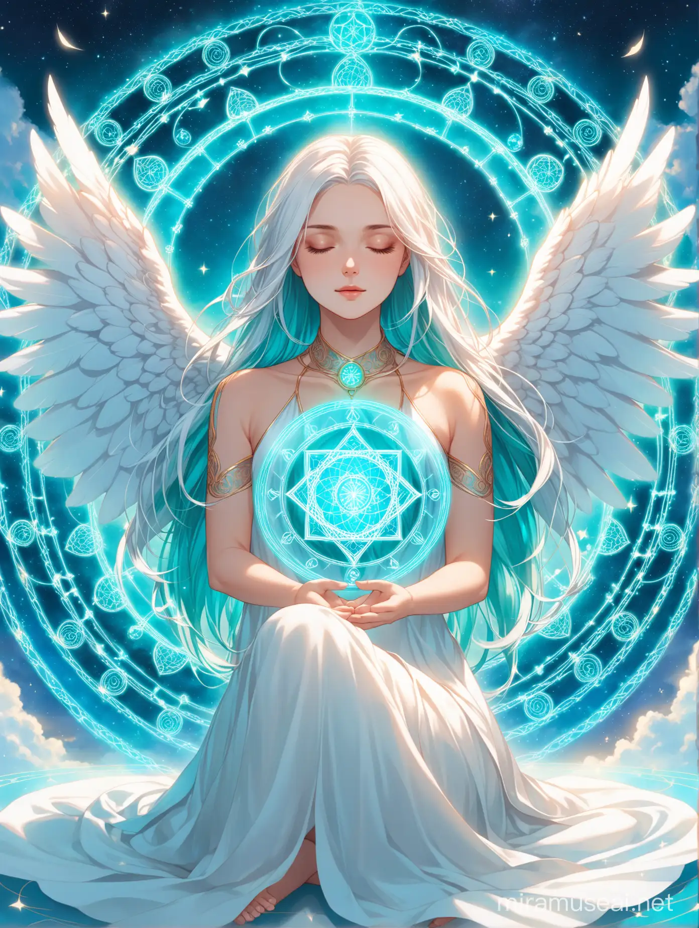 A 25 year old woman with long white hair, turquoise ends of her hair, turqoise eyes, wearing a white silk dress of a goddess, has white angel wings, is sitting in the sky meditating creating a turquoise magic circle. Her eyes are closed. as she is focusing on the circle in front of her. She looks ethereal, she is a goddess