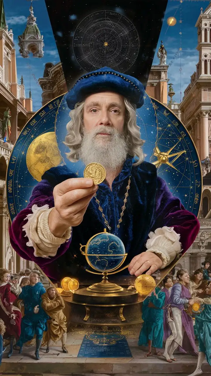 Renaissance Astrologer with Gold Coin Mystical Portrait Inspired by Renaissance Astrology