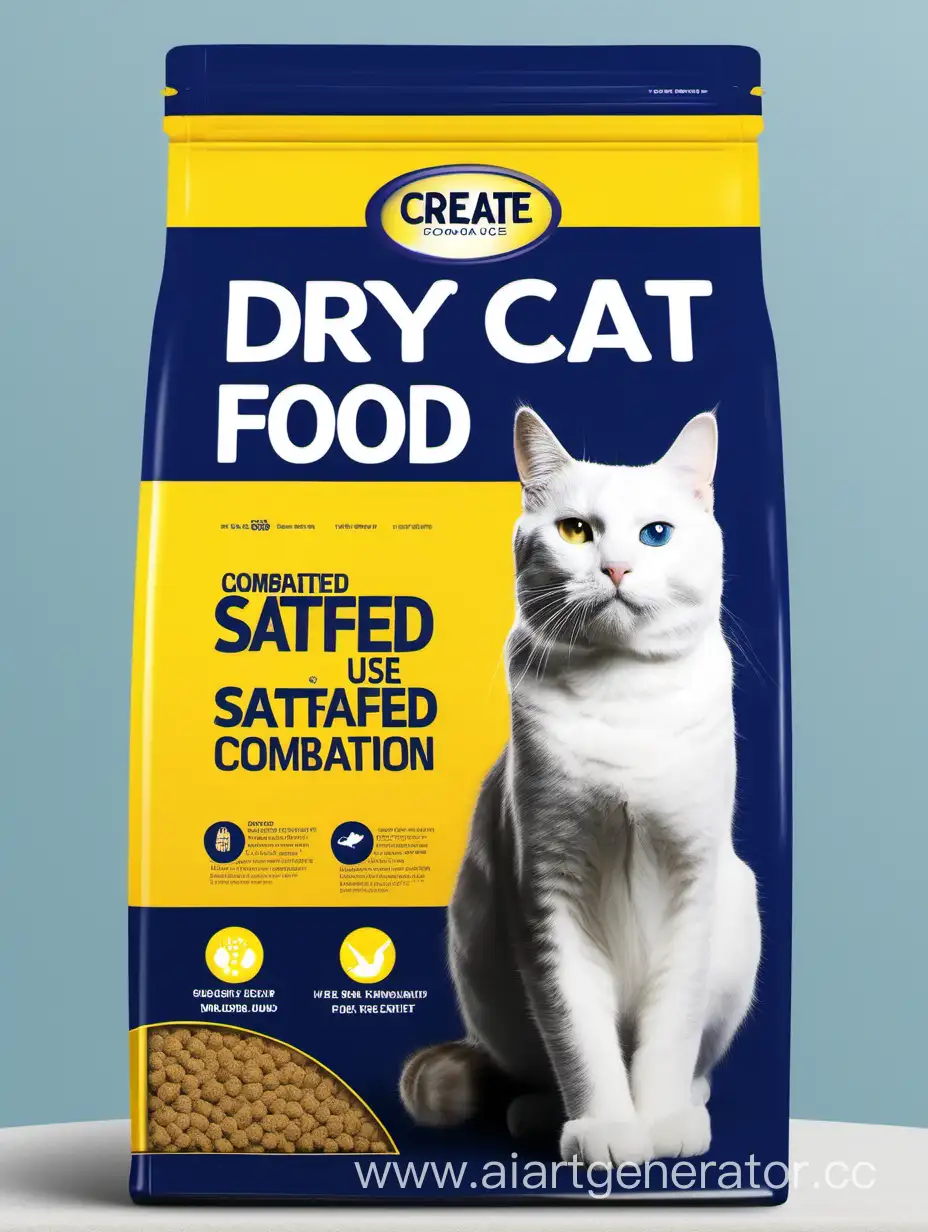 создай упаковку сухого  корма для кошек Сочетание темно-синего и ярко-желтого , белый используй фото живой довольной кошки