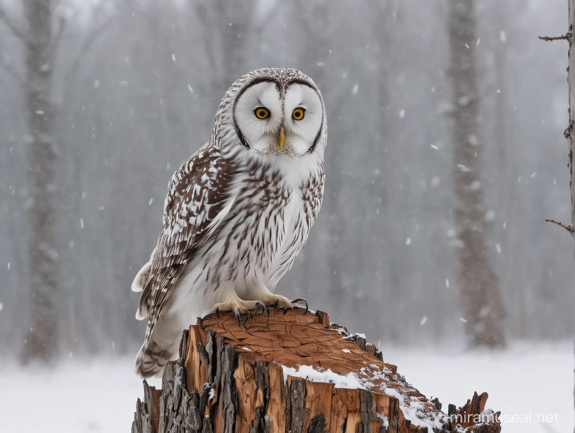 Lapland Owl Perched on Snowy Stump with Captured Mouse