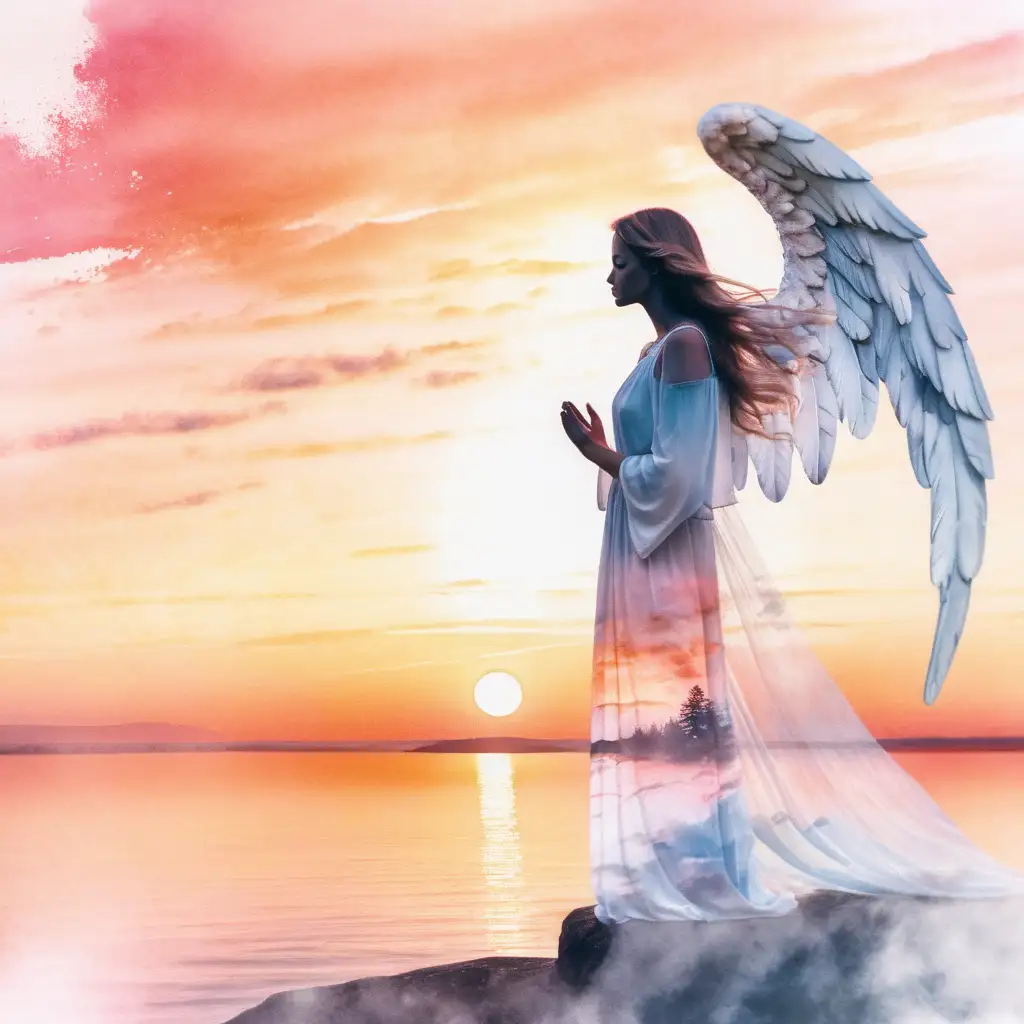 En ängel som ser på en solnedgång, dubbelexponering med vattenfärg 
