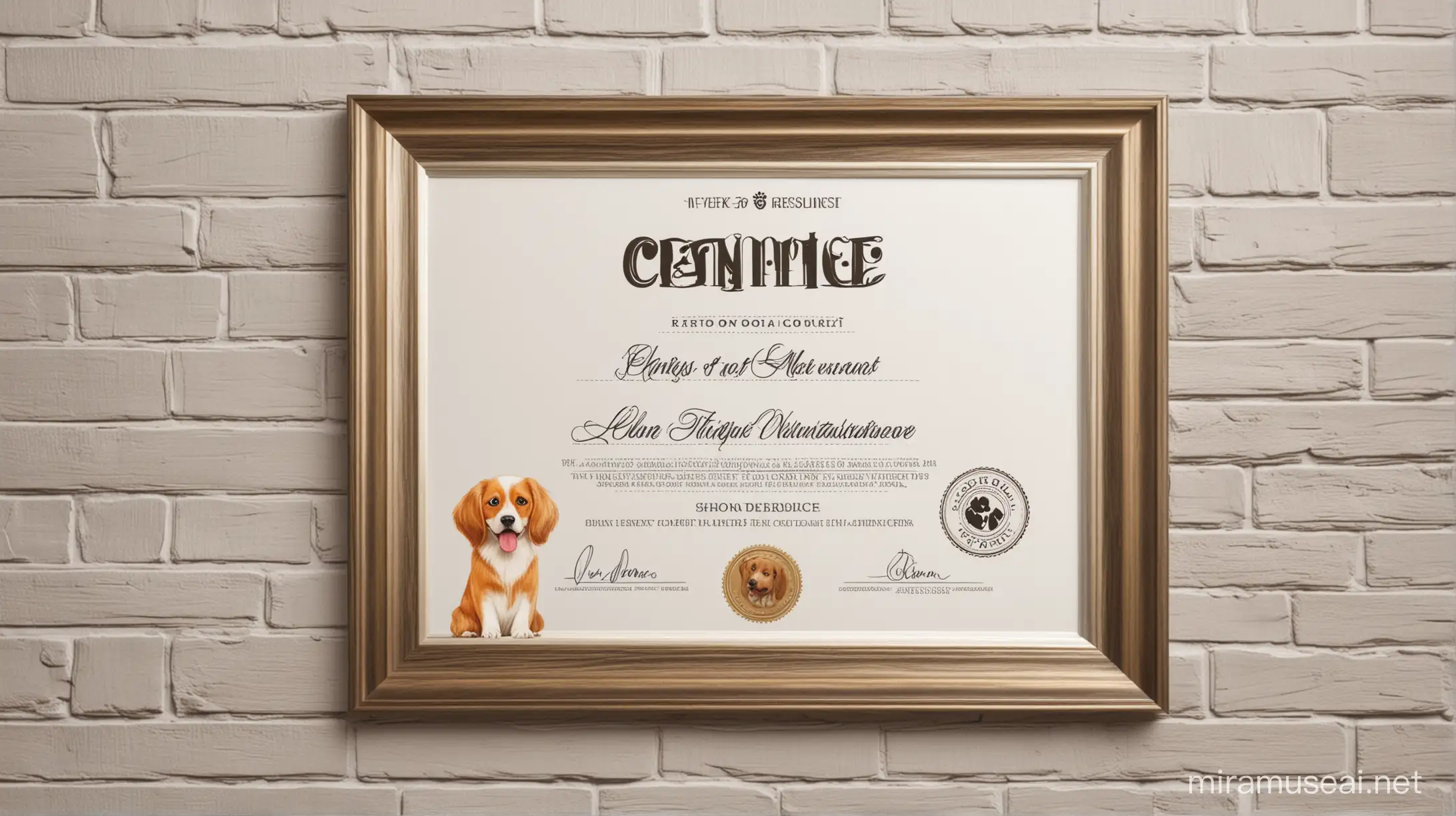 certificate in a luxury frame hanging on the wall. The topic of dogs, dog care.