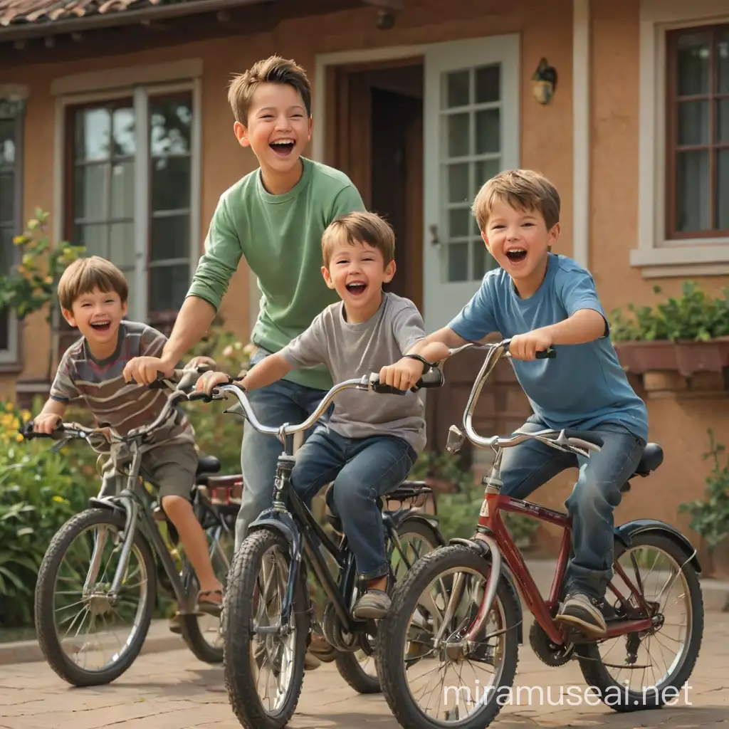 Family Fun on a Sunny Day with Boys Enjoying Bicycle Riding