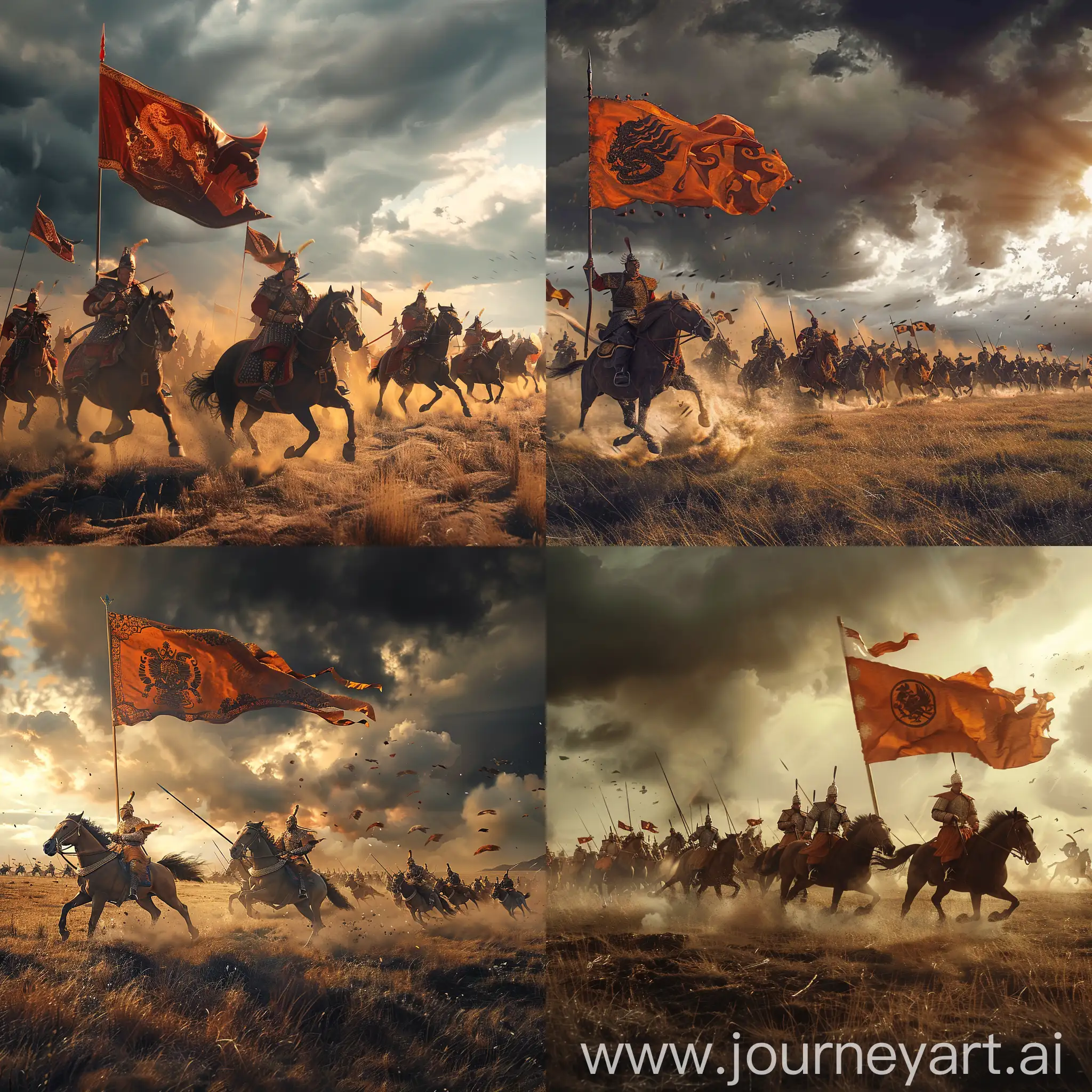 Mongolian cavalries charging to the enemy, steppe field, Mongolian Empire flag, chaotic, dramatic weather, cinematic lighting, photorealism