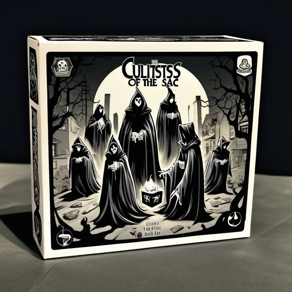 The card box exterior for "Cultists of the Cul de Sac" features a black and white cartoon illustration that sets the tone for the wacky theme of the game. Against a backdrop of a sunny modern suburban neighborhood, four shadowy figures in hooded cloaks engage in a clandestine ritual. 
