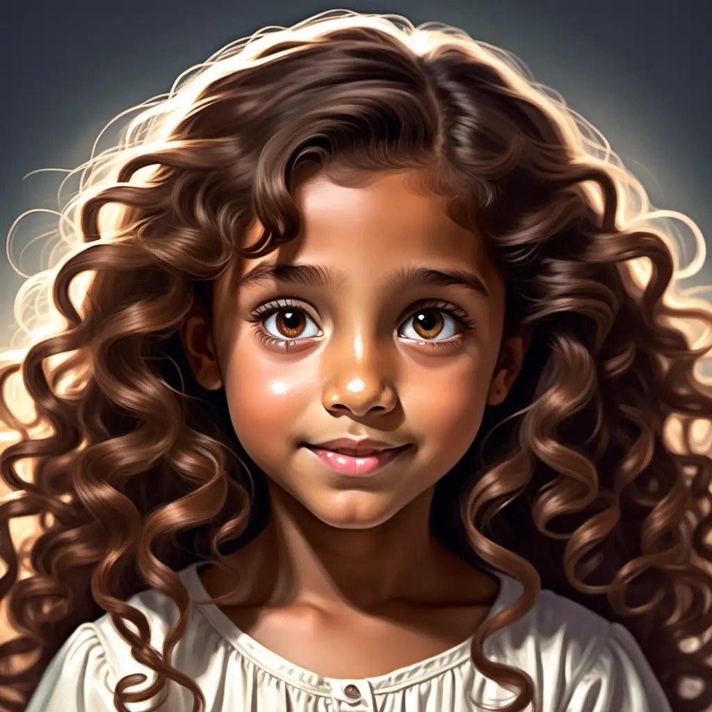  Flat art, children's book, cute, 7 year old girl, tan skin, light hazel eyes, long tight curl brown hair, angelic, neutral expression, beautiful, inquisitive facial expressions