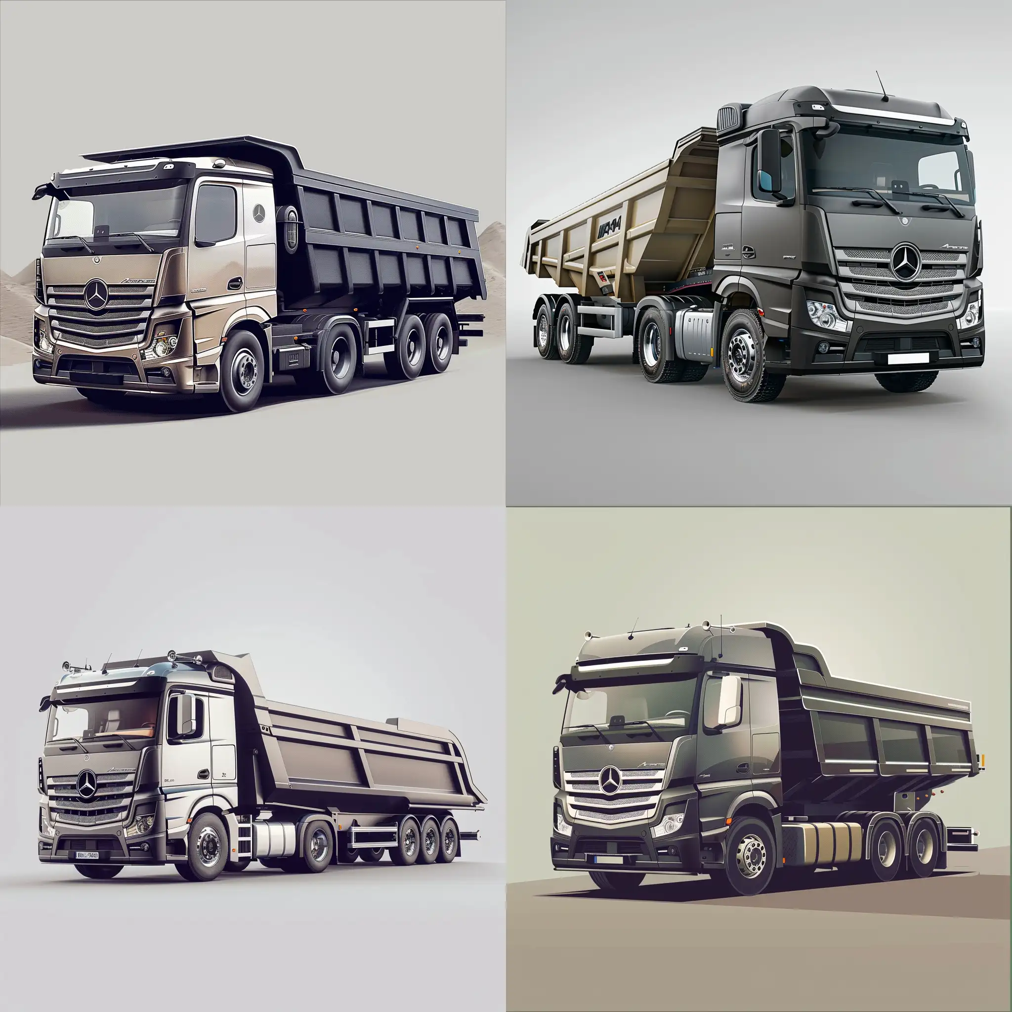 Logo, large Mercedes truck with dump semi-trailer, driving forward, side view, minimalism