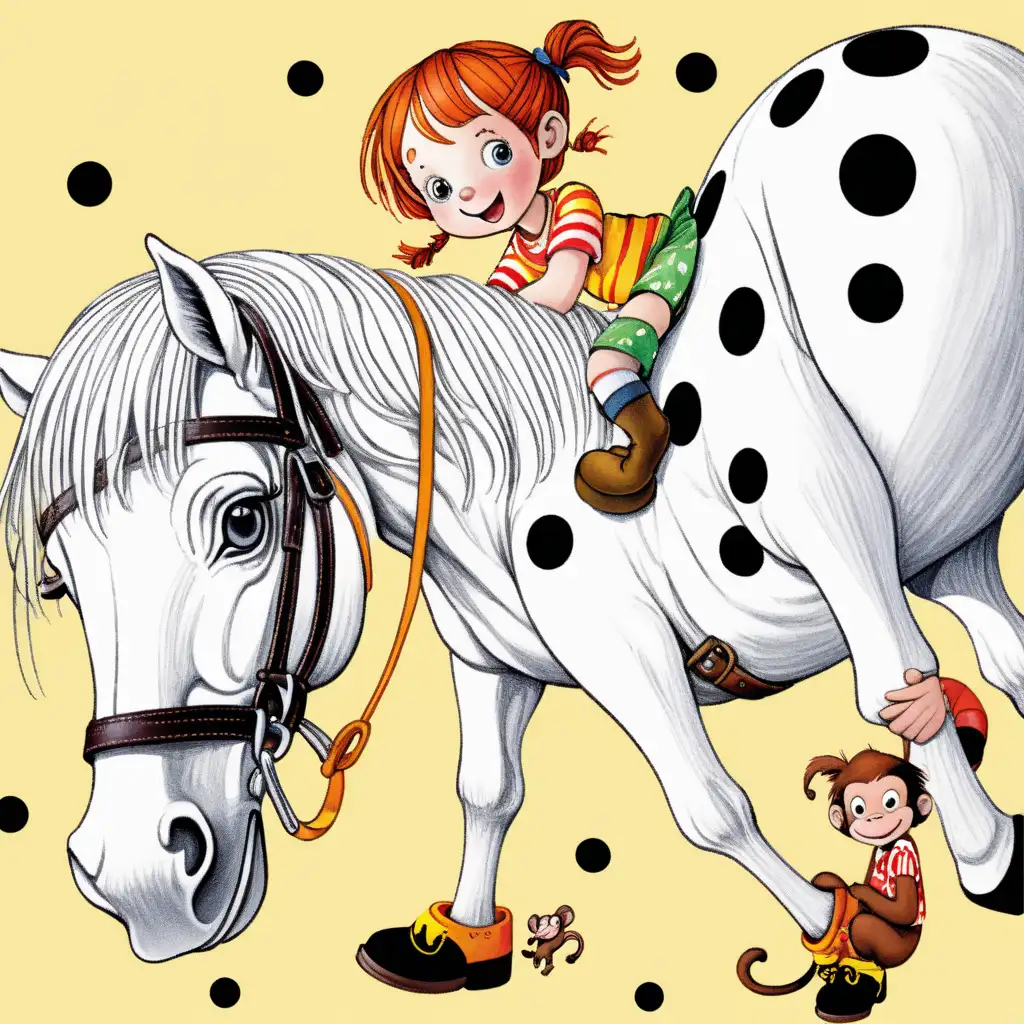 Draw an image of Pippi Longstocking, her white horse with black dots, and her little monkey, vivid colors, children books style 