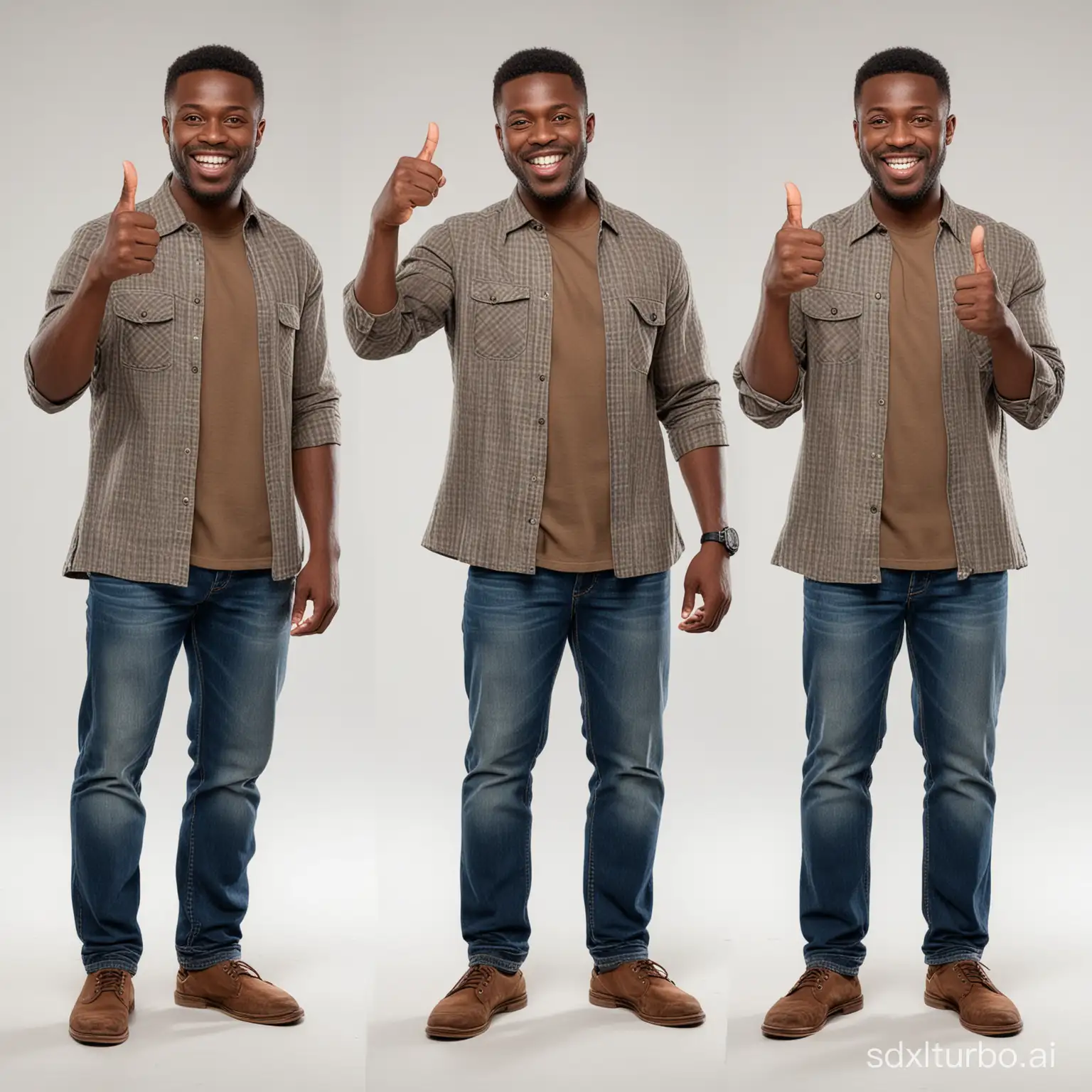 Generate two Nigerian Black men, different face,different cloths,aged between 30 to 40, standing upright and each raising a thumbs-up gesture, portrayed in full-body authentic photographs in PNG format with a transparent background.