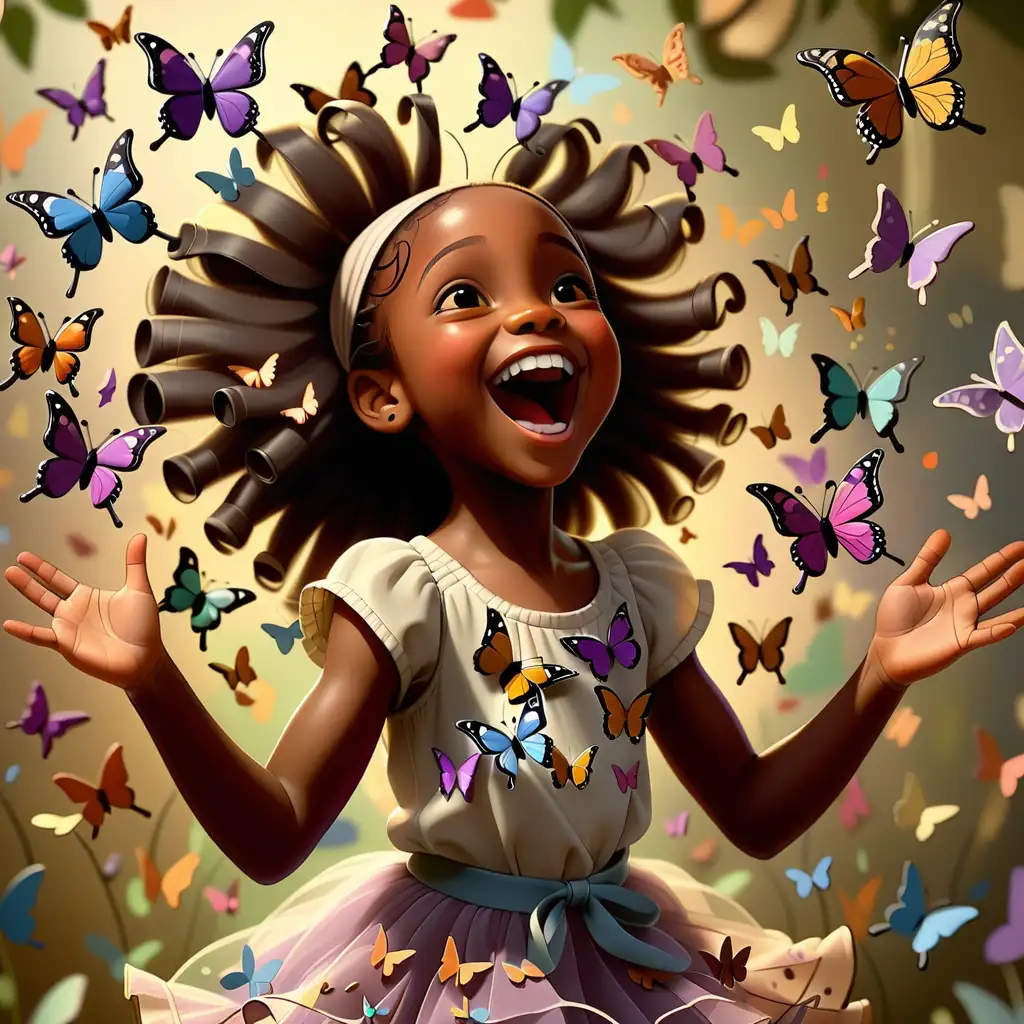 7 year old African American girl with reoccurring features joyfully dancing her heart out with butterflies around her