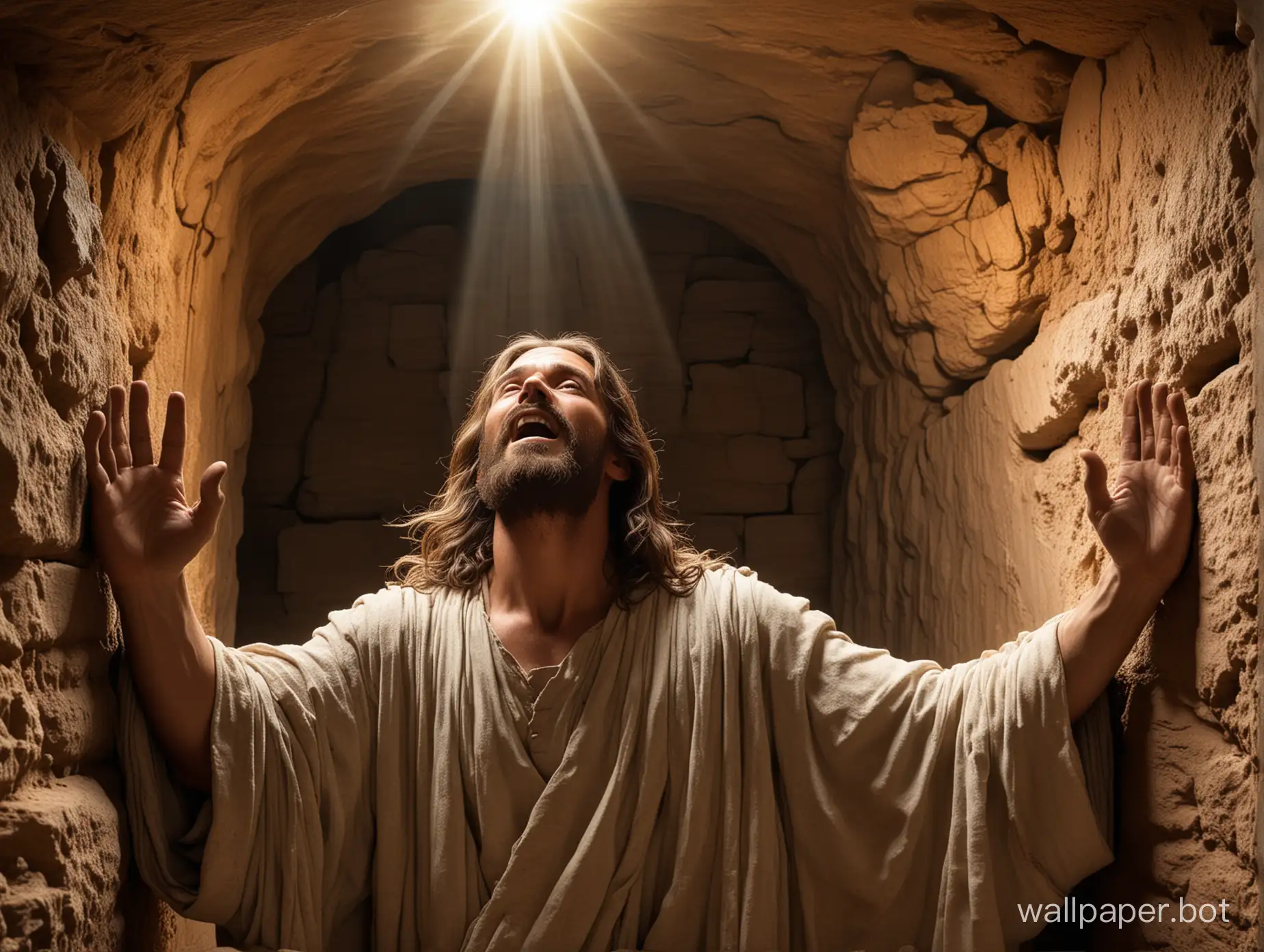 A striking and detailed photograph of Jesus Christ emerging from an open tomb during his resurrection. The circular stone that sealed the tomb is rolled aside, revealing the empty burial chamber. Jesus, with his long hair and beard, stands confidently with his hands raised, symbolizing his victory over death. The lighting in the image is soft yet dramatic, casting a warm glow on his face, highlighting every sharp feature. The background reveals an ancient, dusty tomb, evoking a sense of awe and reverence., photo