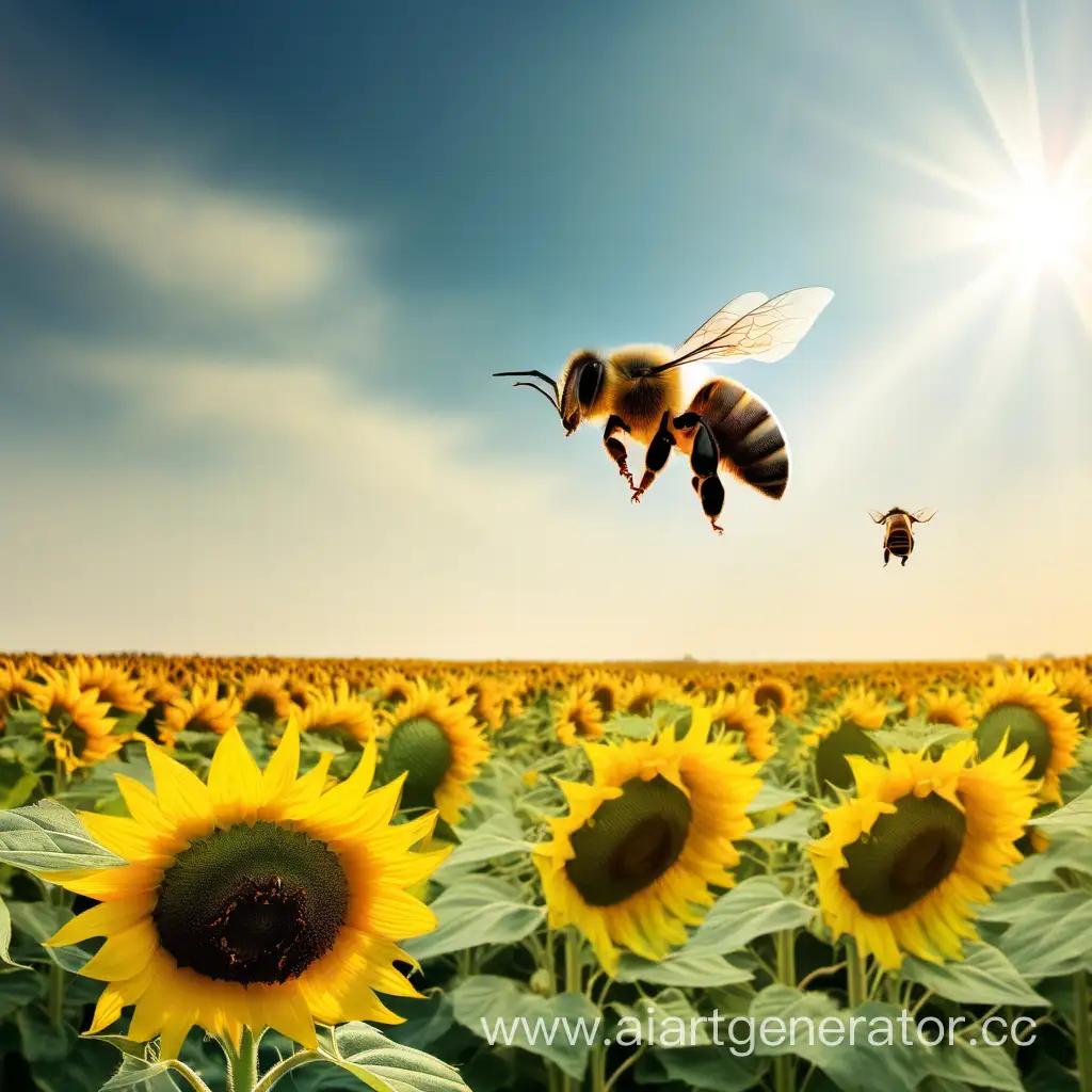 Пчёлка летит над полем подсолнухов