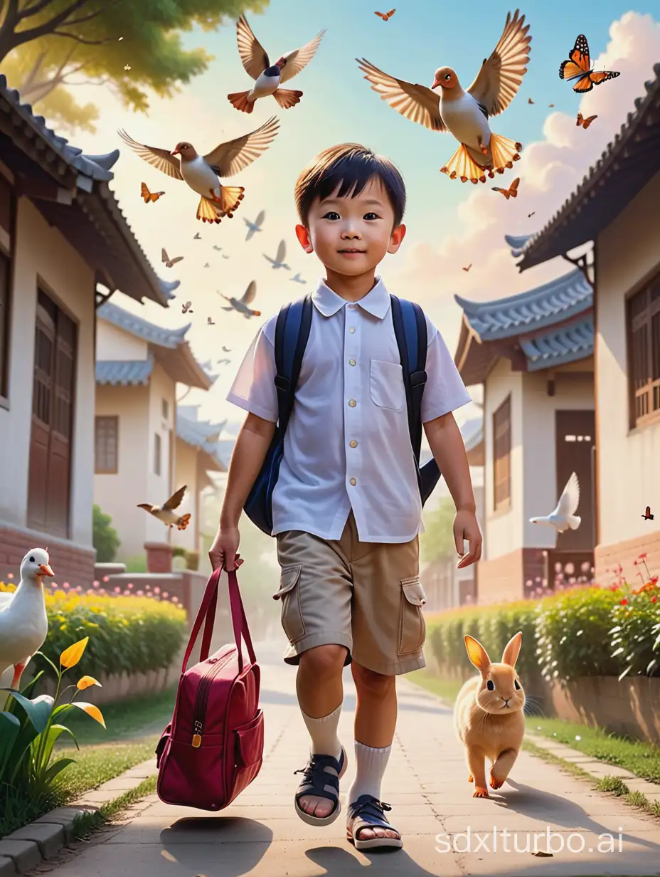 Cute, seven-year-old Chinese boy, carrying a small school bag, walking on the way to school, with birds flying in the sky, butterflies, little rabbits, dogs, cats, chickens, ducks, accompanying on both sides.