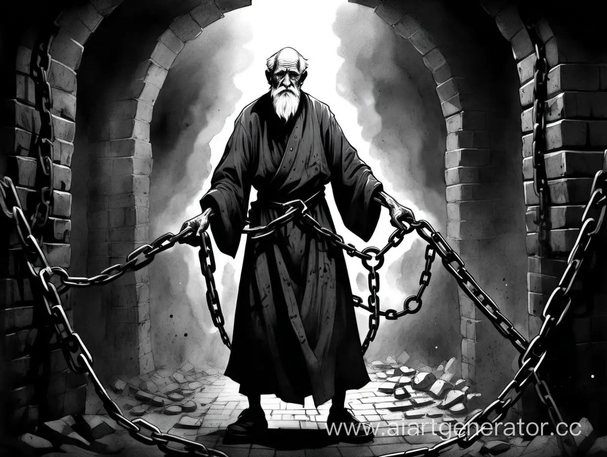 Ink-Drawing-of-an-Elderly-Prisoner-Shackled-in-a-Dungeon